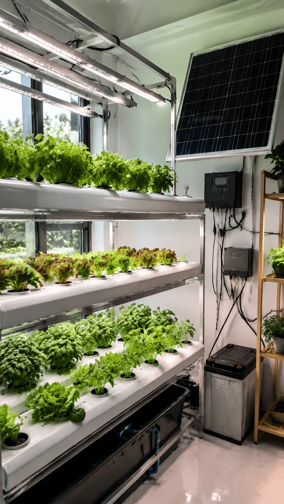 Solar powered indoor hydroponic food system with vertical growing shelves LED lights and fresh green plants for sustainable home food production
