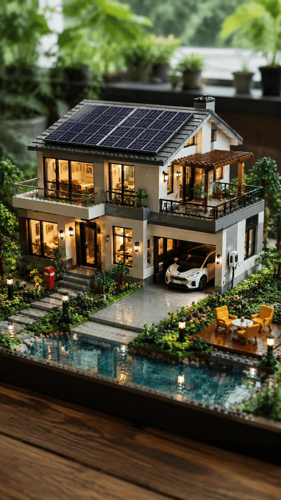 Realistic LEGO solar powered smart house with rooftop solar panels electric car charging station modern architecture garden and outdoor water feature