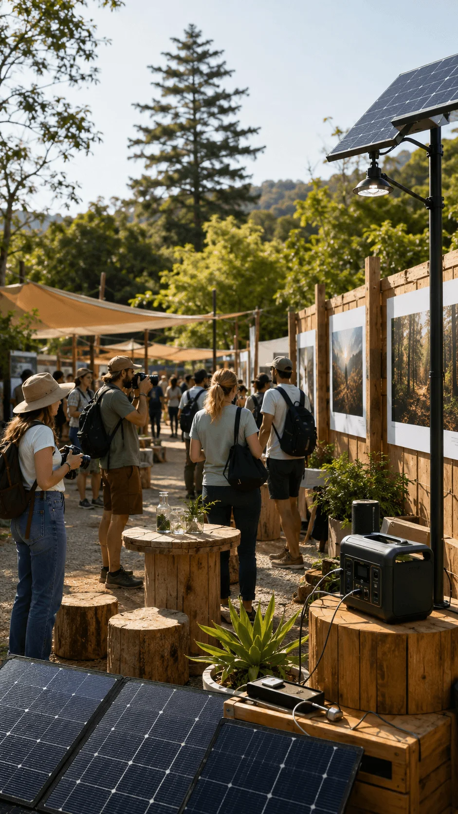 Solar powered photography festival with outdoor photo exhibitions, photographers exploring nature displays, solar panels providing renewable energy, and eco friendly event setup in a forest setting