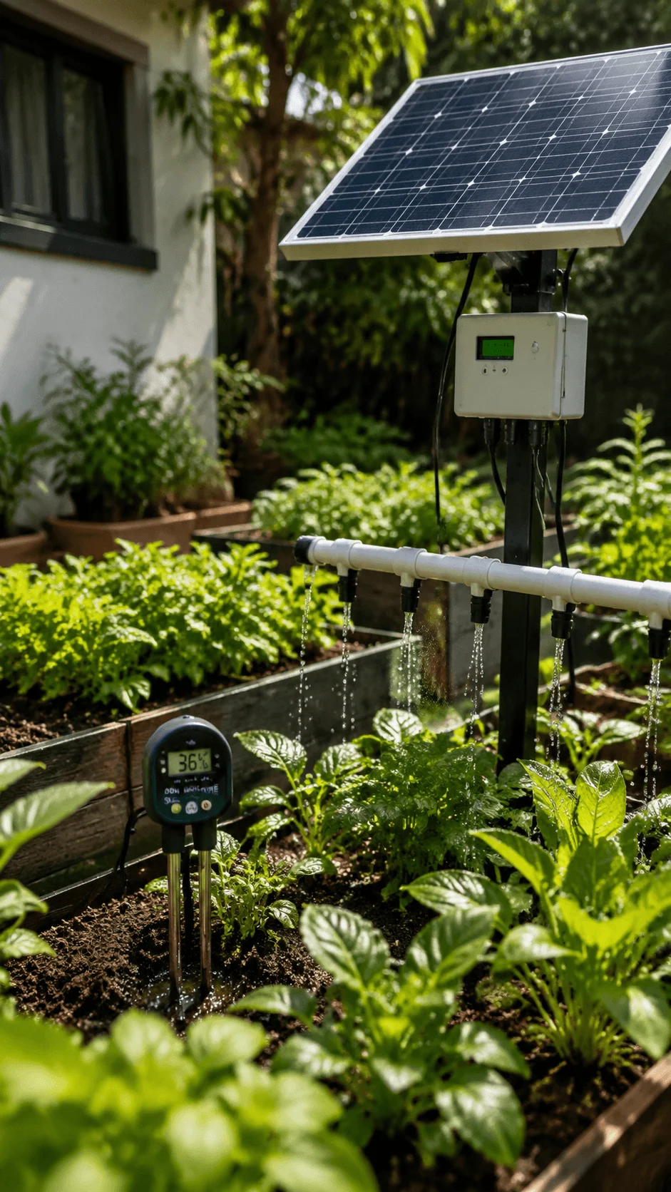 Solar powered smart garden irrigation system with solar panel water sensors and automated watering technology for sustainable home gardening