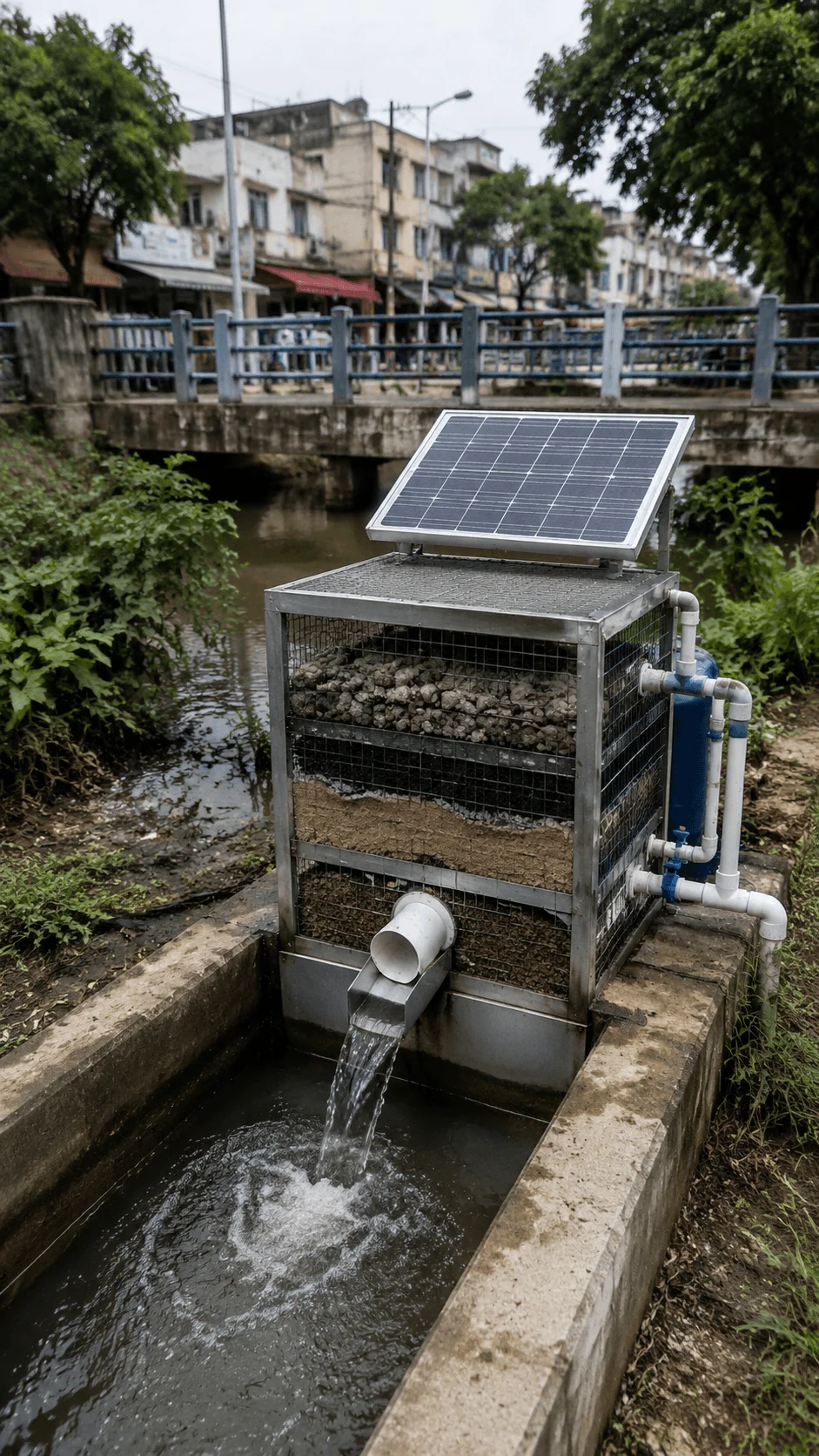 Solar powered urban drainage filter system showing a solar panel powered filtration unit installed near a city water channel to remove pollution from stormwater and protect urban waterways