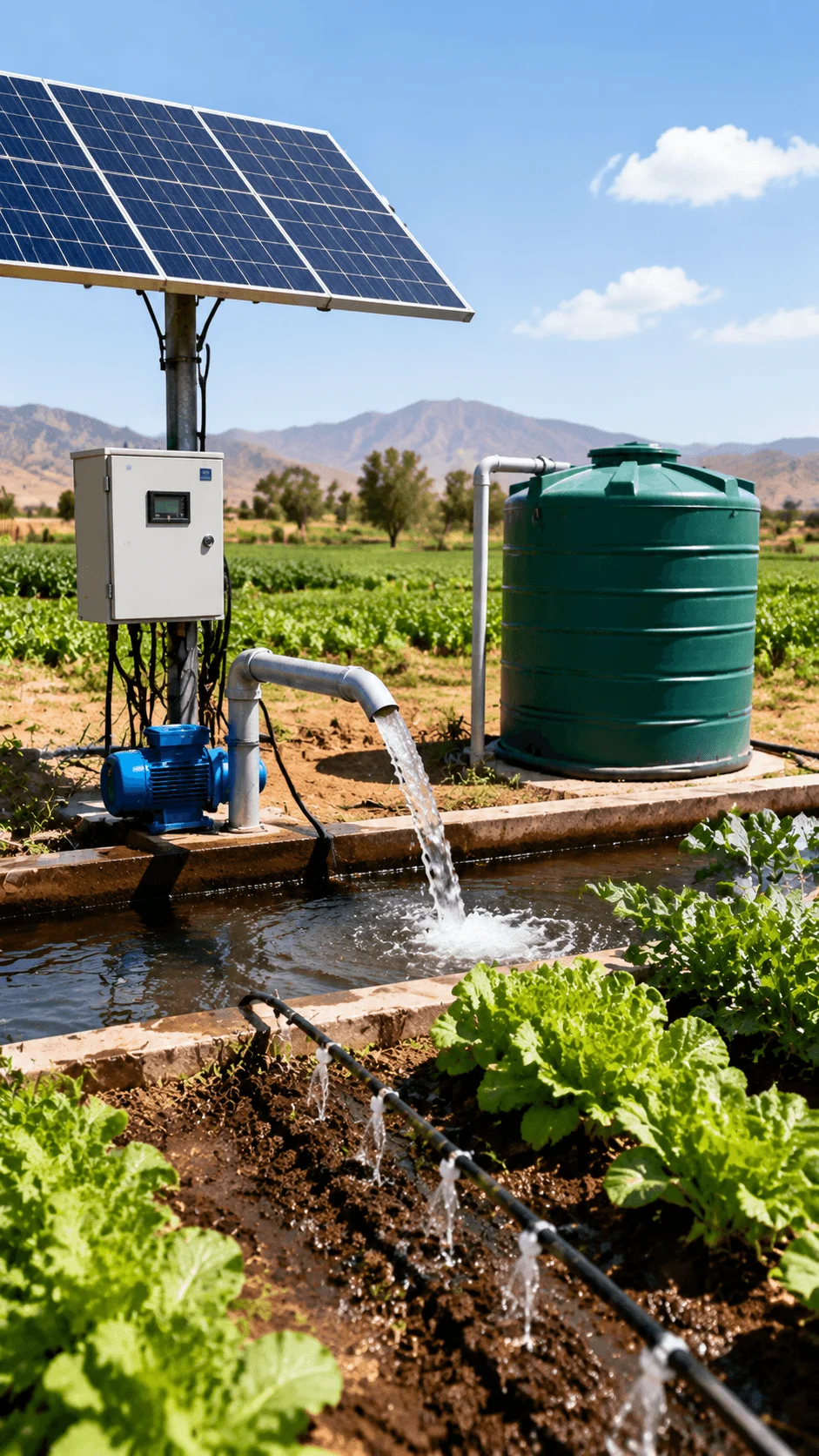 Solar powered water conservation system with solar pump rainwater storage tank and smart irrigation technology for sustainable agriculture