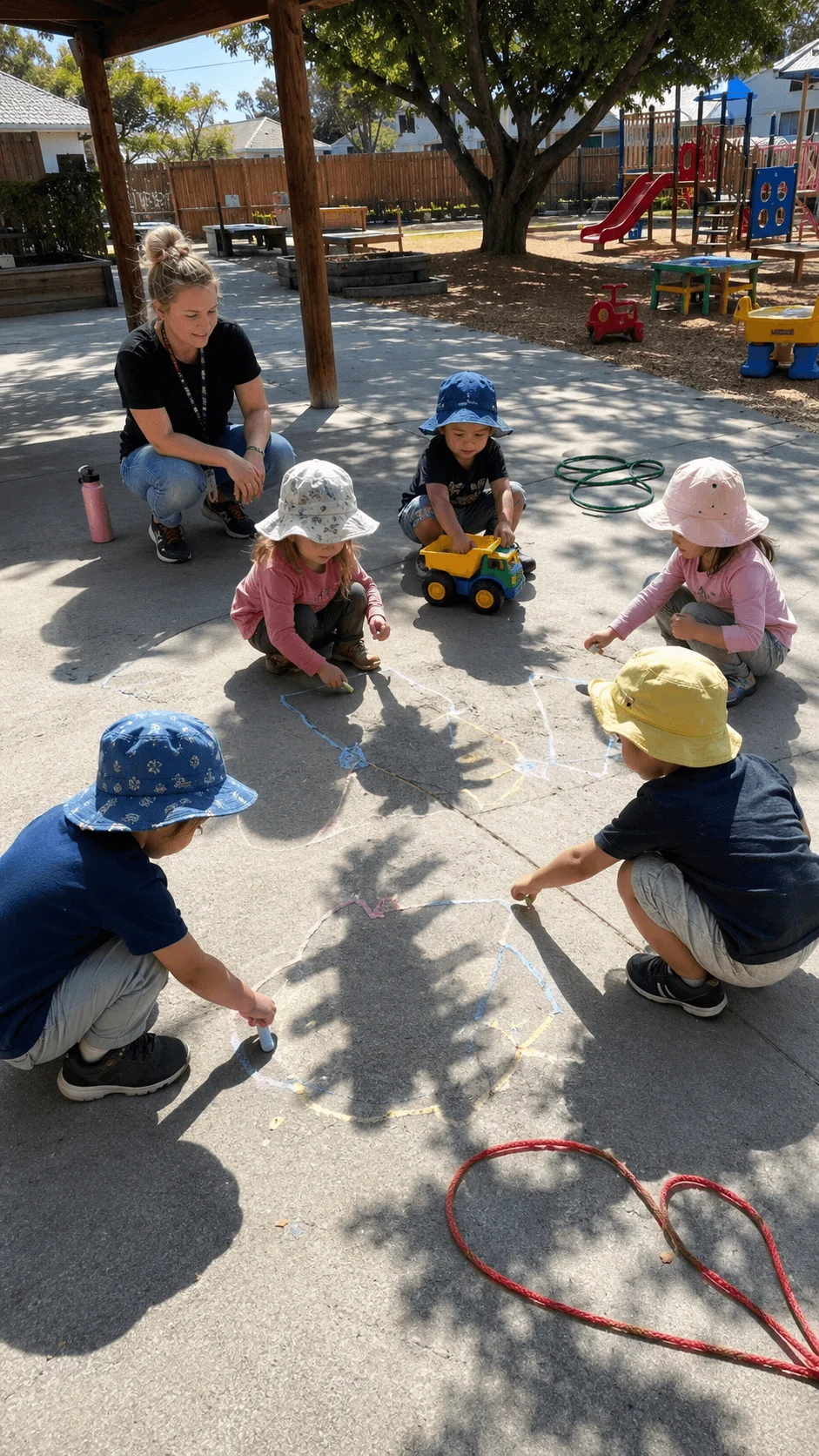 Preschool children tracing tree and toy shadows with chalk during an outdoor solar shadow exploration activity