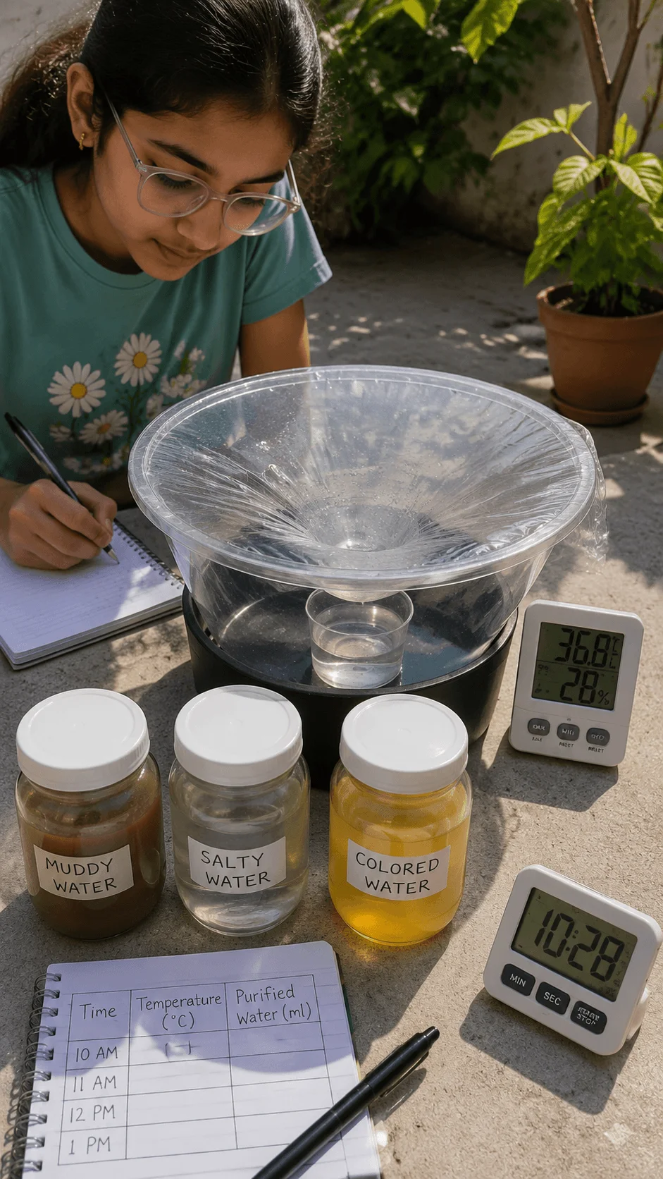 Student conducting a solar water purification science experiment using a solar still with different water samples temperature measurements and observation records outdoors