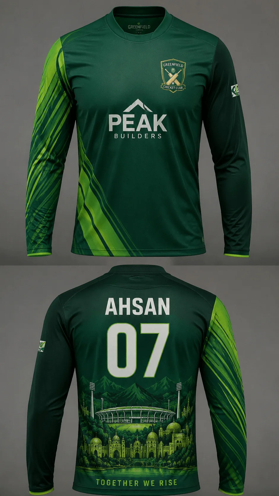 Split green full sleeve cricket jersey with lime graphics and a detailed stadium cityscape shown from front and back