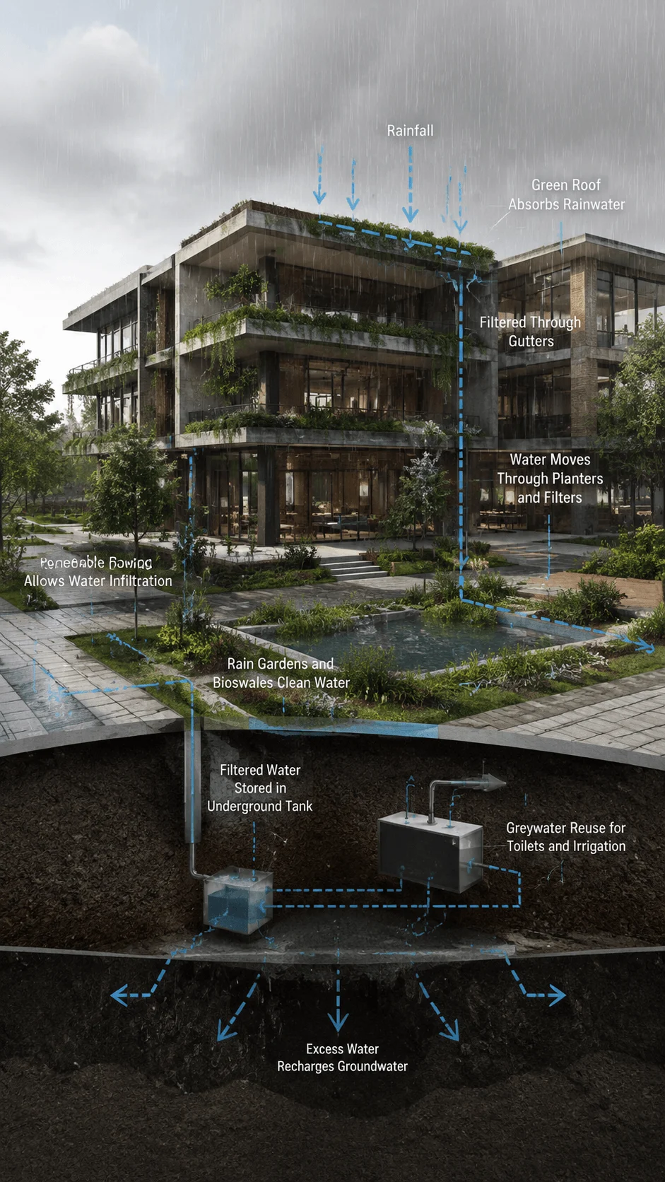 Sponge building water cycle diagram showing a sustainable building with green roof, rainwater harvesting, permeable paving, rain gardens, bioswales, water filtration, underground storage tanks, greywater reuse, and groundwater recharge systems