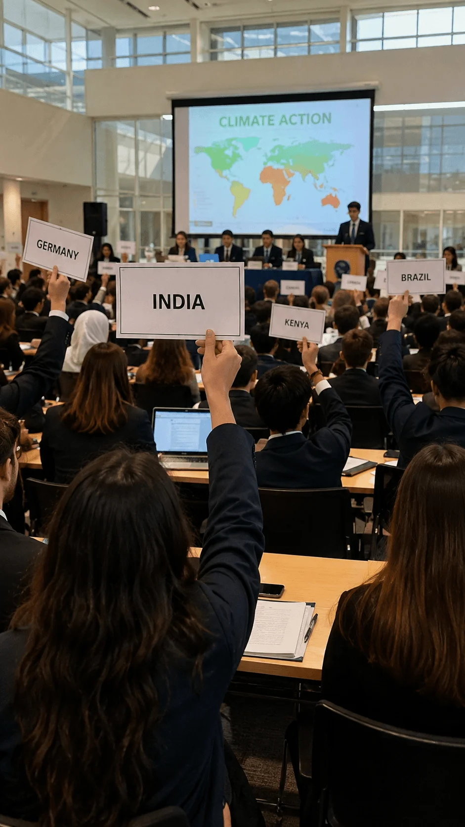 Students representing different countries and voting during a climate action assembly or Model COP conference
