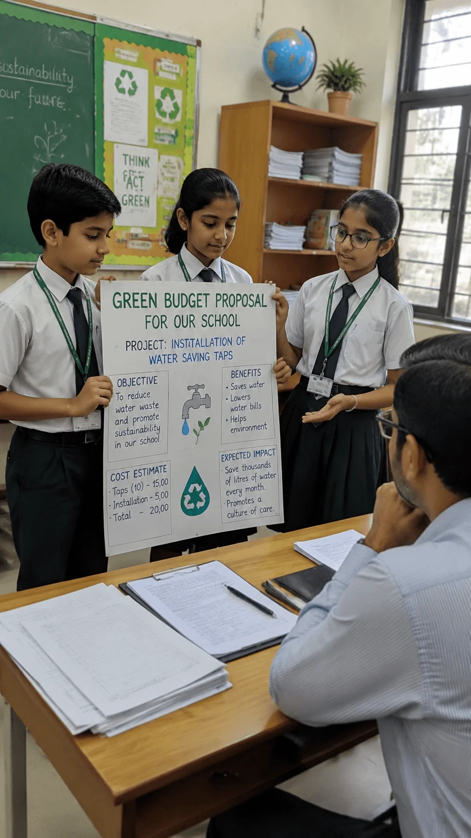 Students presenting a green budget proposal for school sustainability with a project plan about water saving solutions and environmental improvements