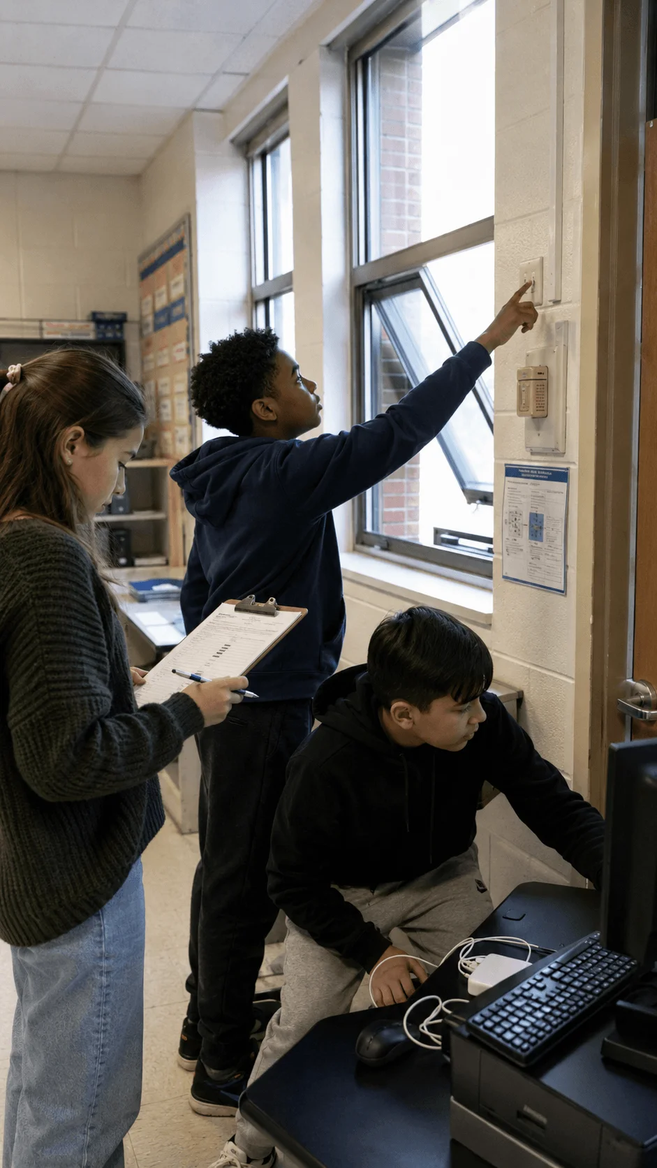 Students checking lights windows and computer equipment during a school energy audit