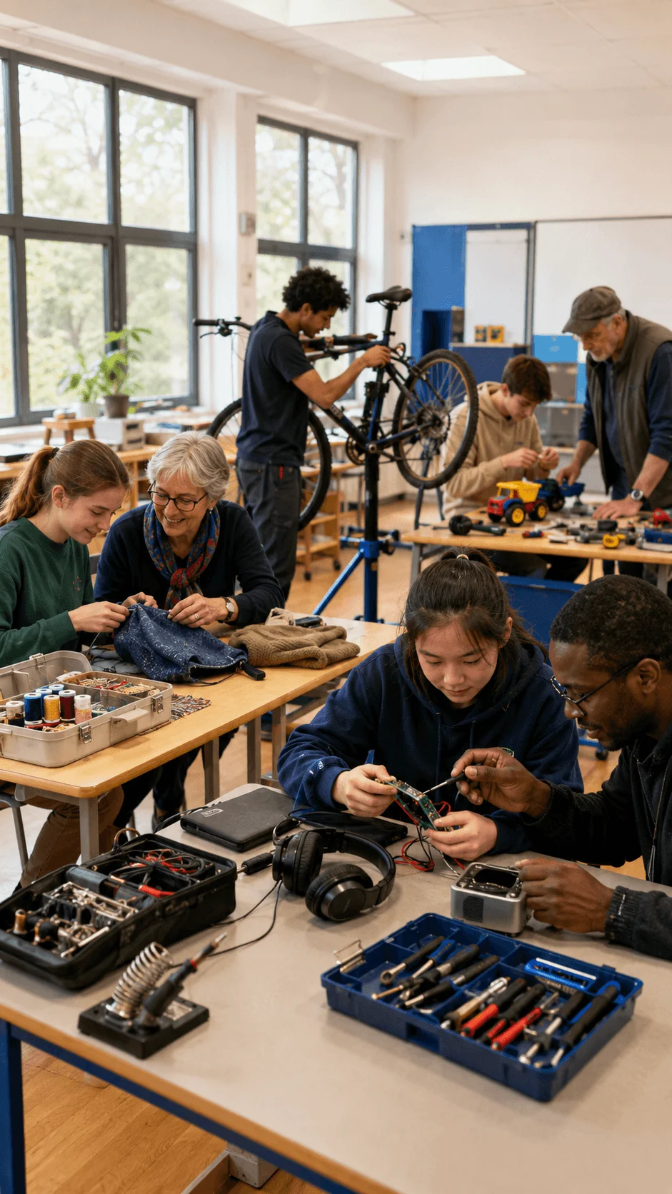 Students repairing electronics clothing bicycles and toys with community volunteers in a school workshop