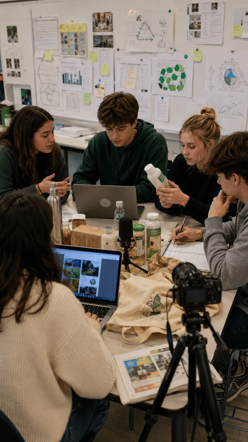 High school students creating a sustainability news report by researching environmental claims and recording classroom media content