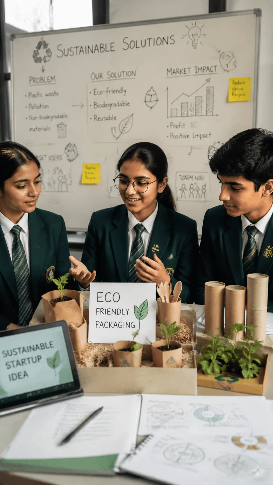 Students developing a sustainable startup idea with eco friendly packaging prototypes, business planning, and green innovation concepts in a classroom setting