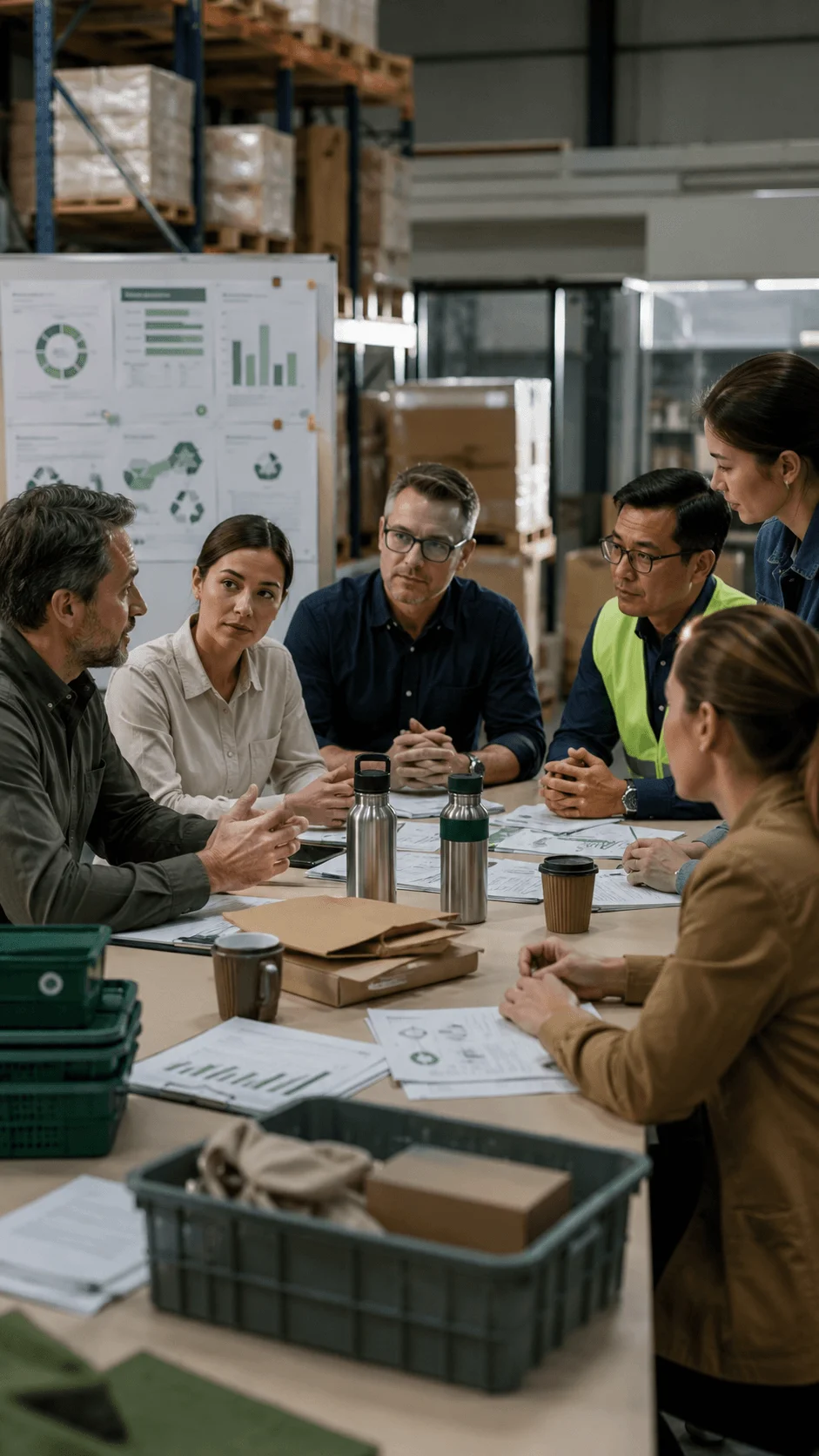 Employees and suppliers collaborating in a sustainability workshop at a warehouse with eco friendly packaging solutions, recycling plans, and green supply chain discussions