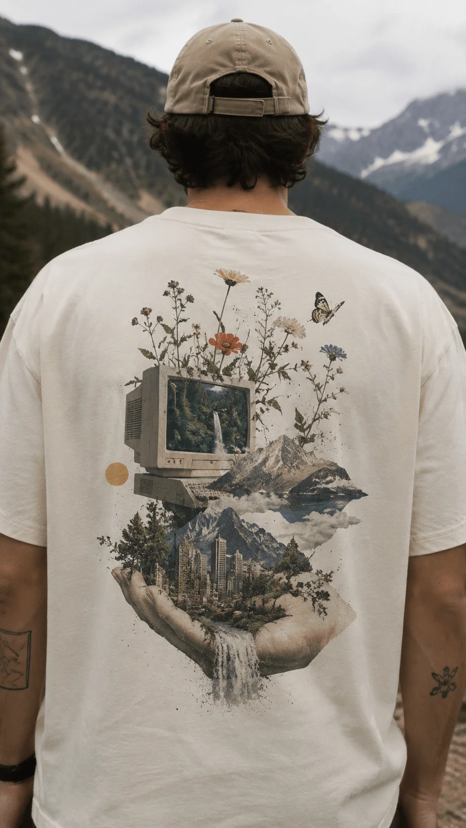 Surreal eco conscious graphic T shirt featuring a vintage computer flowers mountains waterfalls wildlife and a city balanced in a hand
