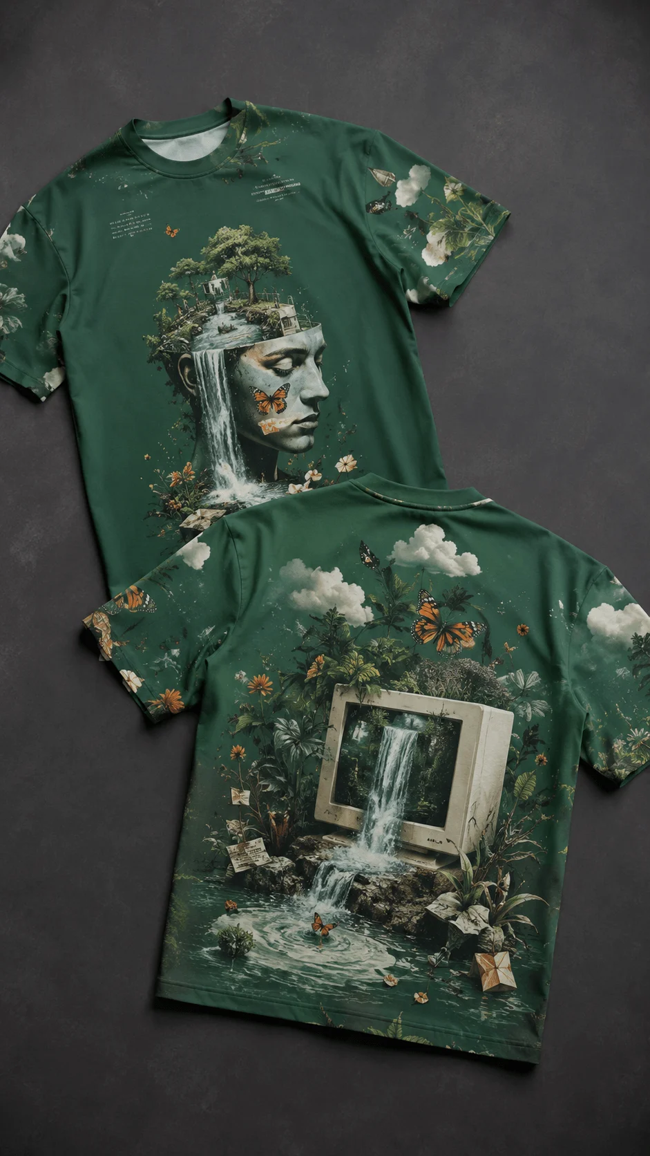 Surreal green sublimation T shirt artwork shown from the front and back with a waterfall portrait vintage computer butterflies flowers clouds and lush botanical scenery