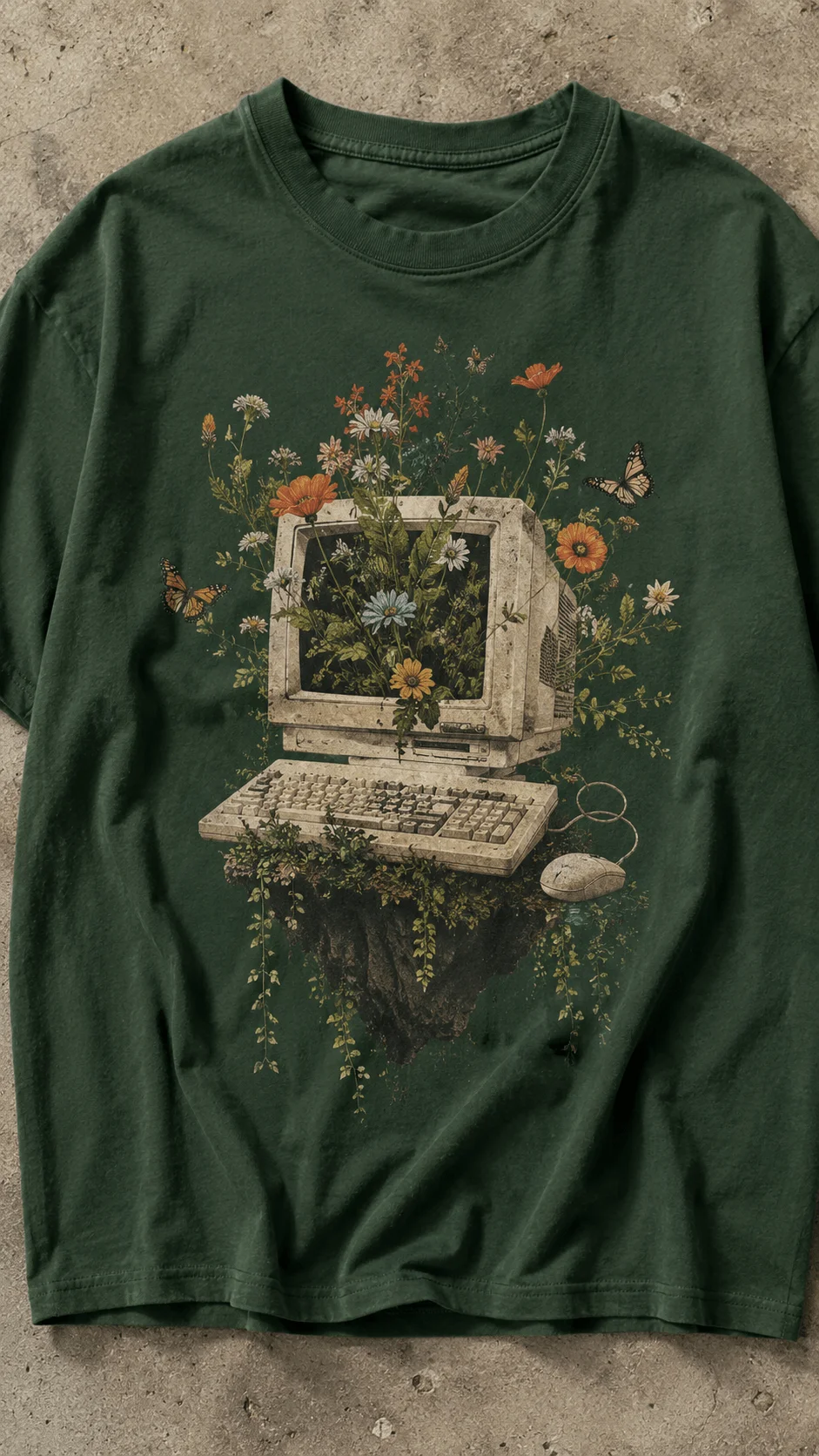 Surreal nature green graphic tshirt design featuring a vintage computer overflowing with wildflowers butterflies and lush plants creating a dreamlike botanical technology inspired illustration on a dark green shirt