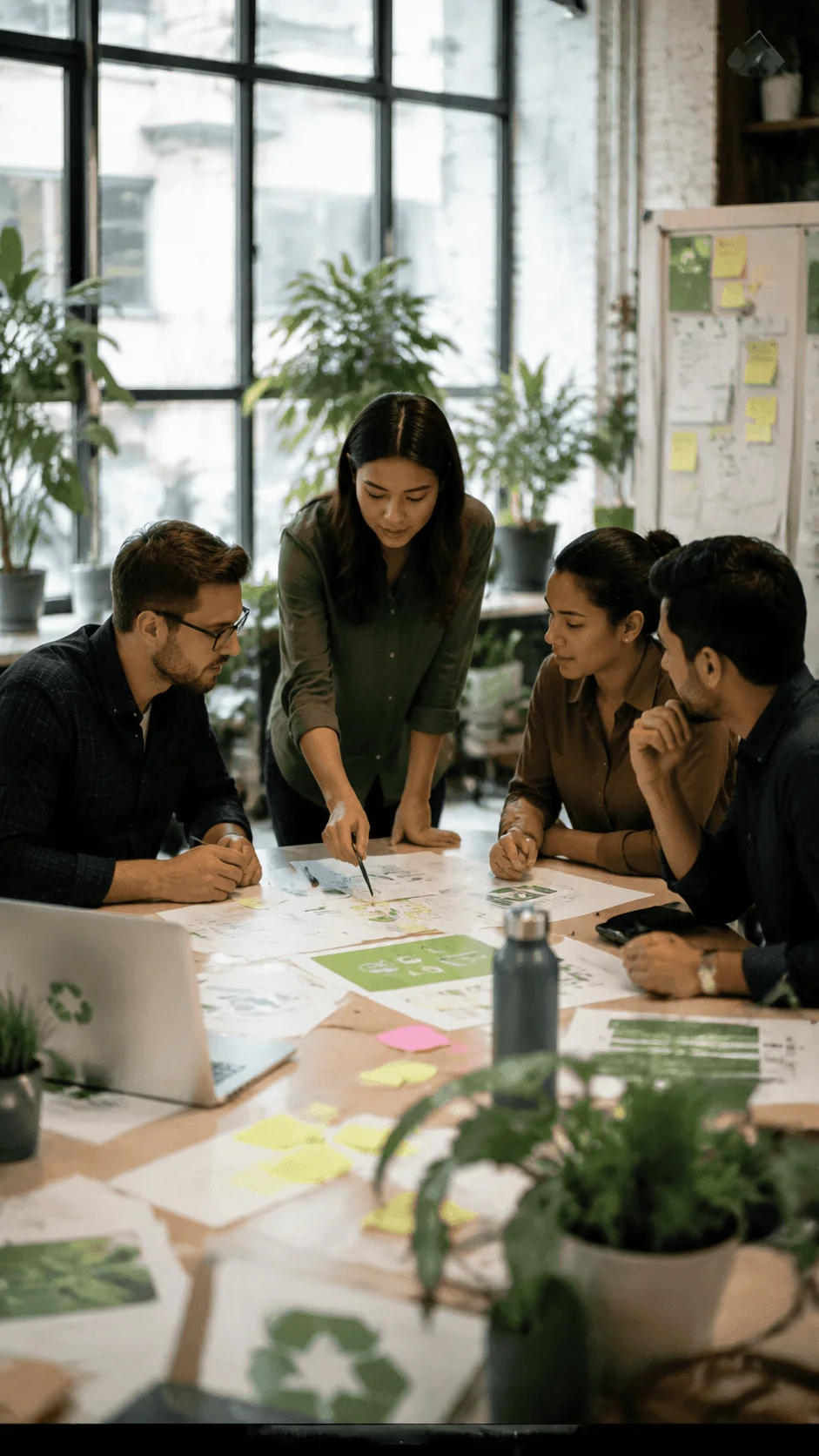 Employees participating in a sustainability intrapreneurship challenge by developing green business ideas, collaborating on environmental solutions, and planning workplace sustainability innovations