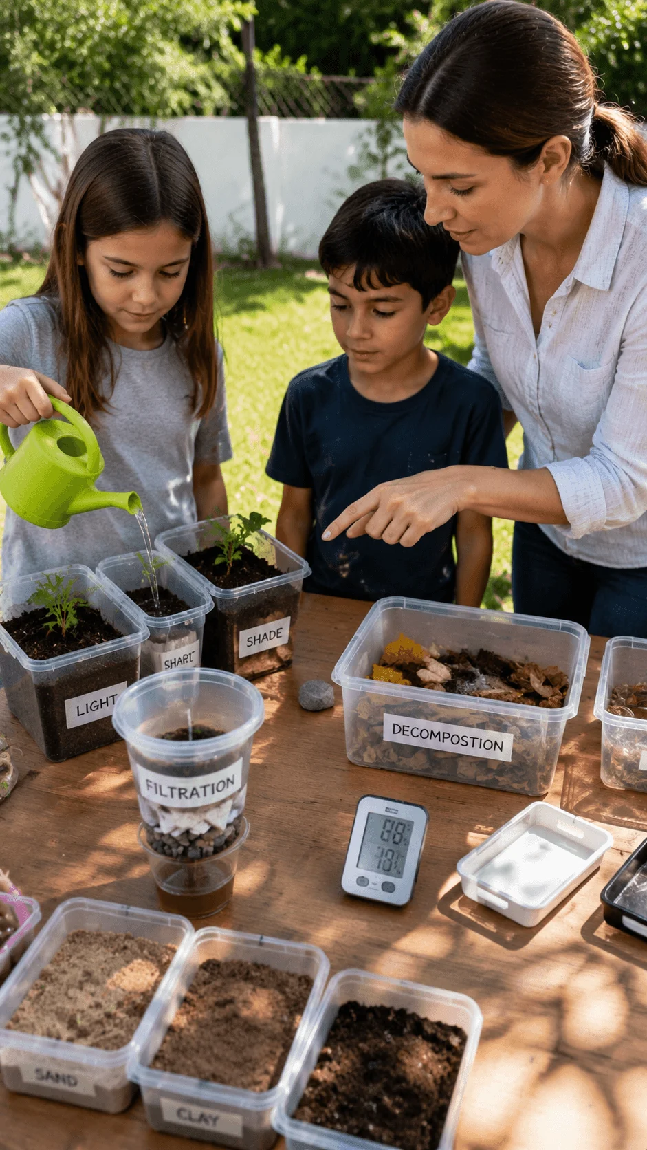 Children exploring a sustainability science experiment station with plant growth tests soil samples water filtration and composting activities guided by an adult