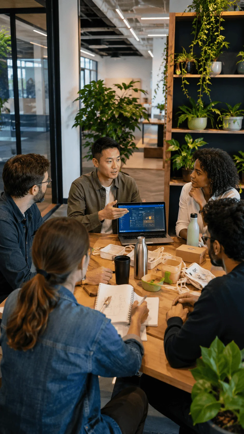 Employees participating in a sustainability skills exchange meeting with reusable products eco friendly ideas collaborative learning and green office plants
