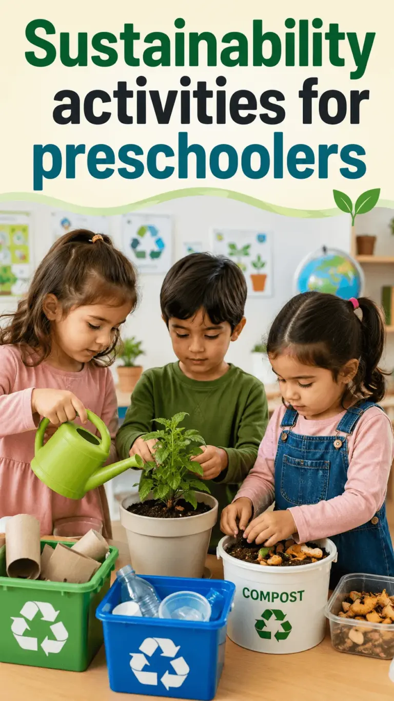 Preschool children learning sustainability by watering plants, composting food scraps, and sorting recyclable materials in a bright eco friendly classroom.