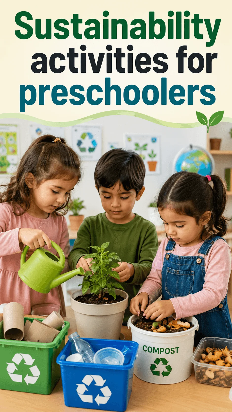 Preschool children learning sustainability by watering plants, composting food scraps, and sorting recyclable materials in a bright eco friendly classroom.