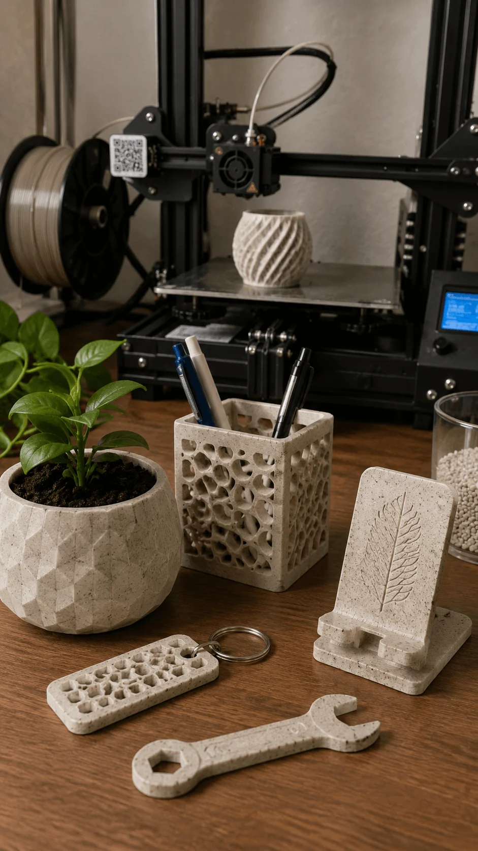 Sustainable 3D printed products created from eco friendly materials including plant pots pen holders phone stands tools and organizers using additive manufacturing to reduce waste and support sustainable product design