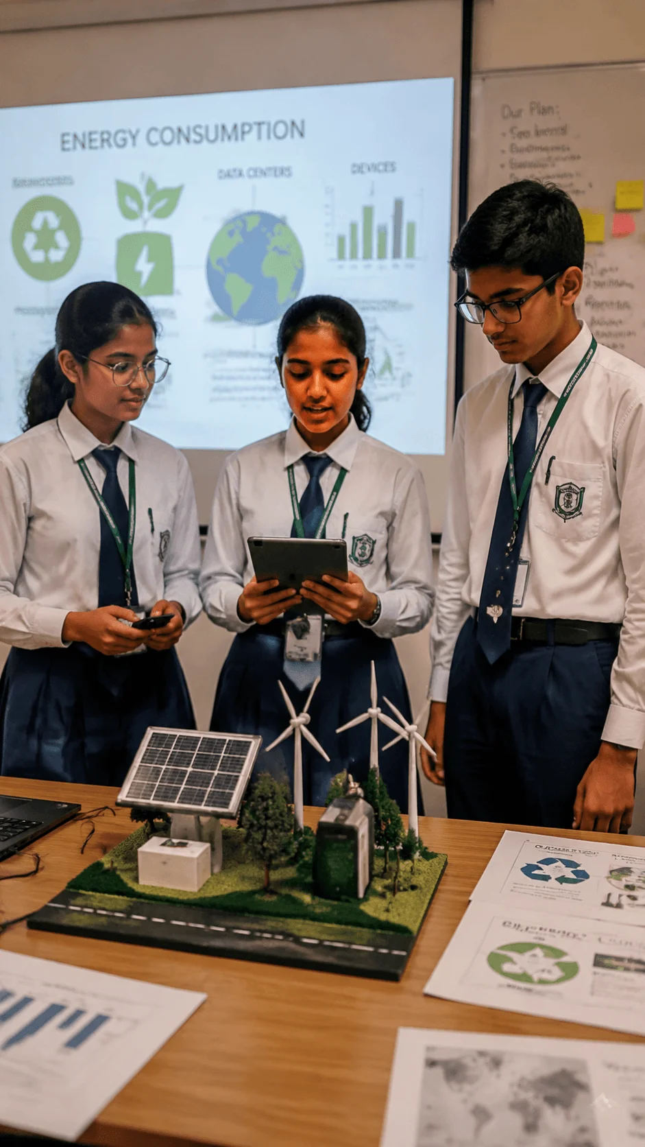 Sustainable AI energy awareness project showing students learning about energy consumption, artificial intelligence sustainability, renewable energy models, solar panels, wind turbines, and responsible technology use for climate action