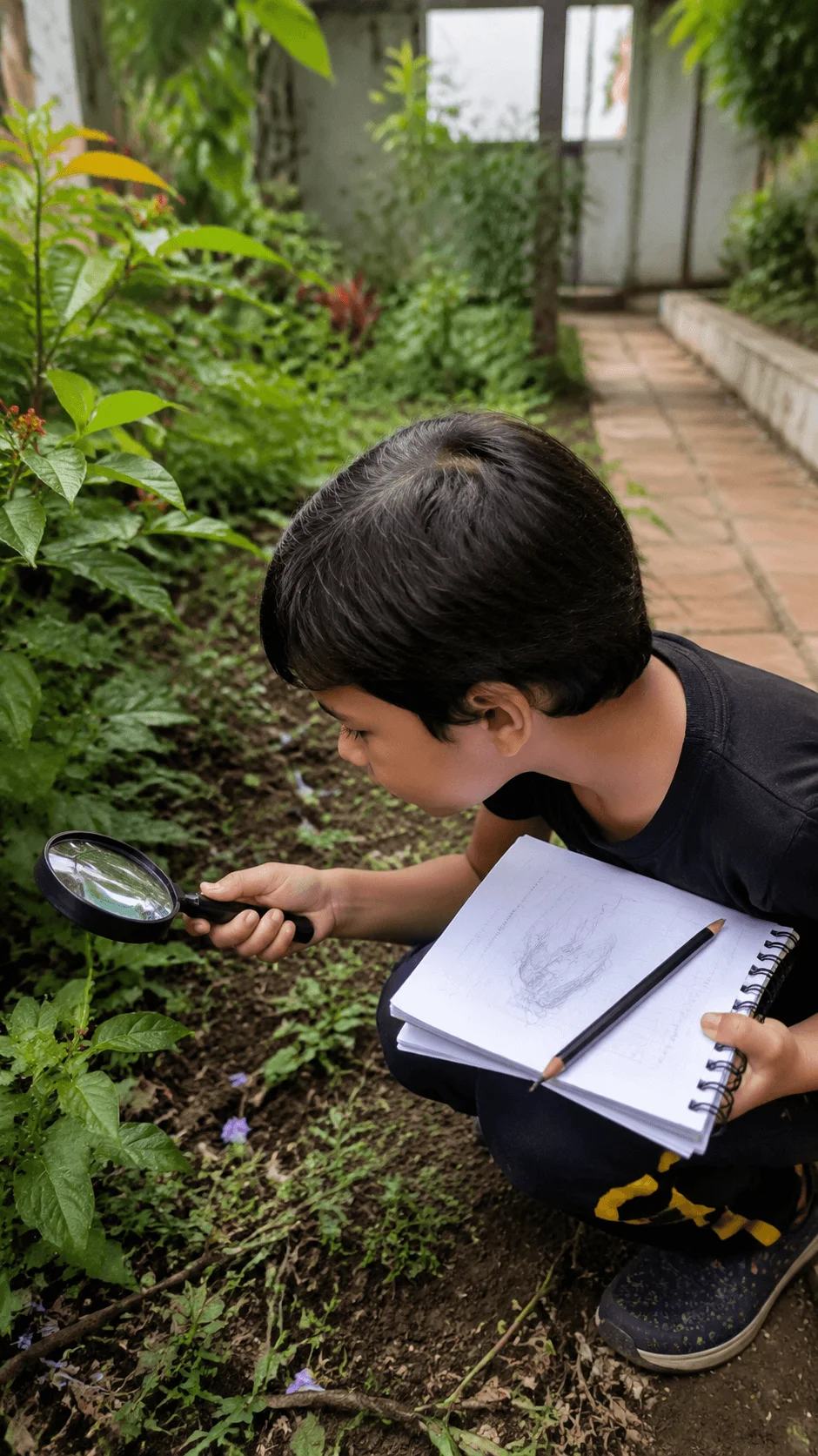 Child exploring biodiversity in a garden using a magnifying glass and notebook for nature observation and environmental learning