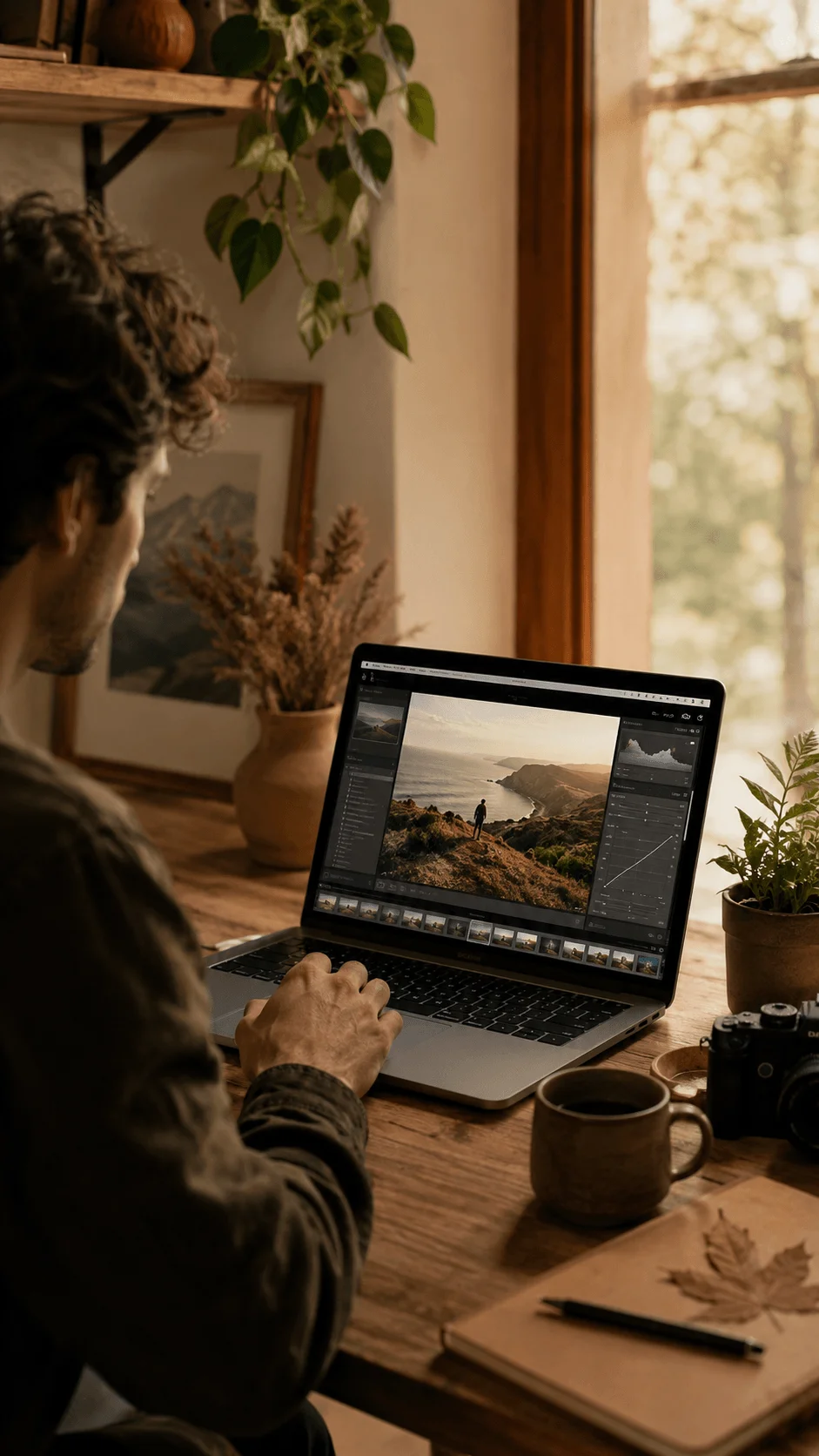 Photographer editing a landscape image on a laptop with earth tone color grading in a warm natural workspace with plants coffee and camera equipment