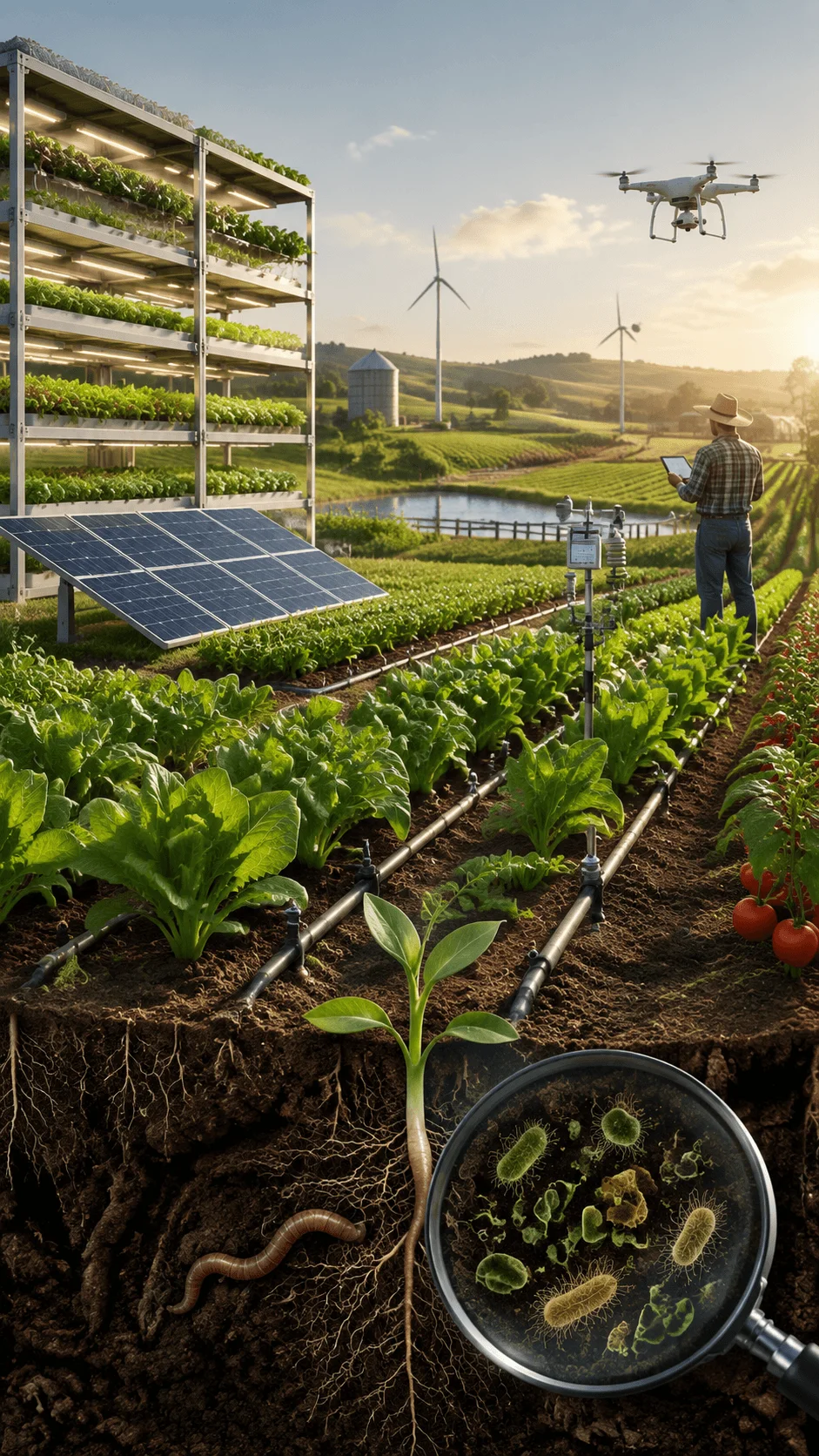 Sustainable agriculture poster showing modern eco friendly farming with vertical gardens, solar panels, smart irrigation systems, wind turbines, drone technology, healthy crops, soil ecosystems, and innovative agricultural solutions for a greener future