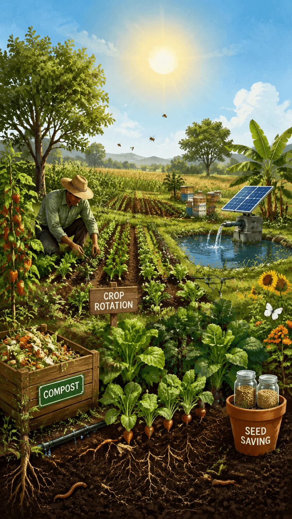 Sustainable agriculture project file cover showing a farmer working in a green field with crop rotation, composting, seed saving, solar powered irrigation, healthy soil, vegetables, plants, and eco friendly farming practices for food sustainability
