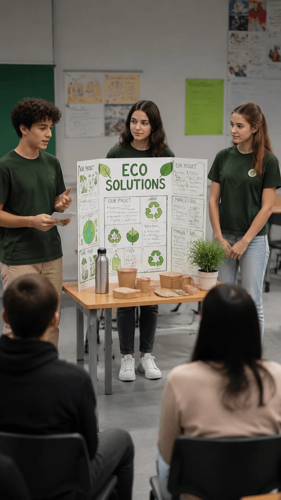 Students presenting a sustainable business pitch with eco friendly product ideas recycling concepts and environmental solutions during a classroom presentation