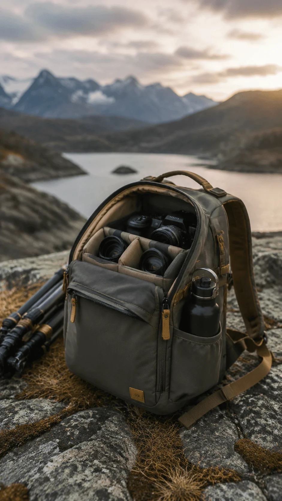 Sustainable camera bag with photography gear placed on rocky terrain near a mountain lake featuring a durable eco friendly design for outdoor photographers