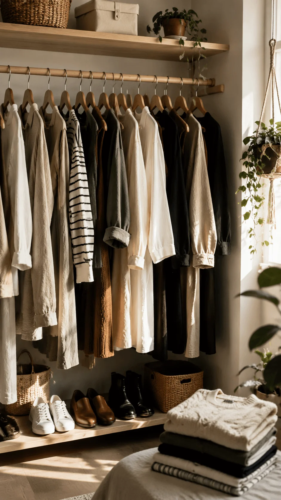 Minimalist sustainable capsule wardrobe with neutral clothing pieces, folded garments, shoes, baskets, and eco friendly fashion storage in a warm natural bedroom interior