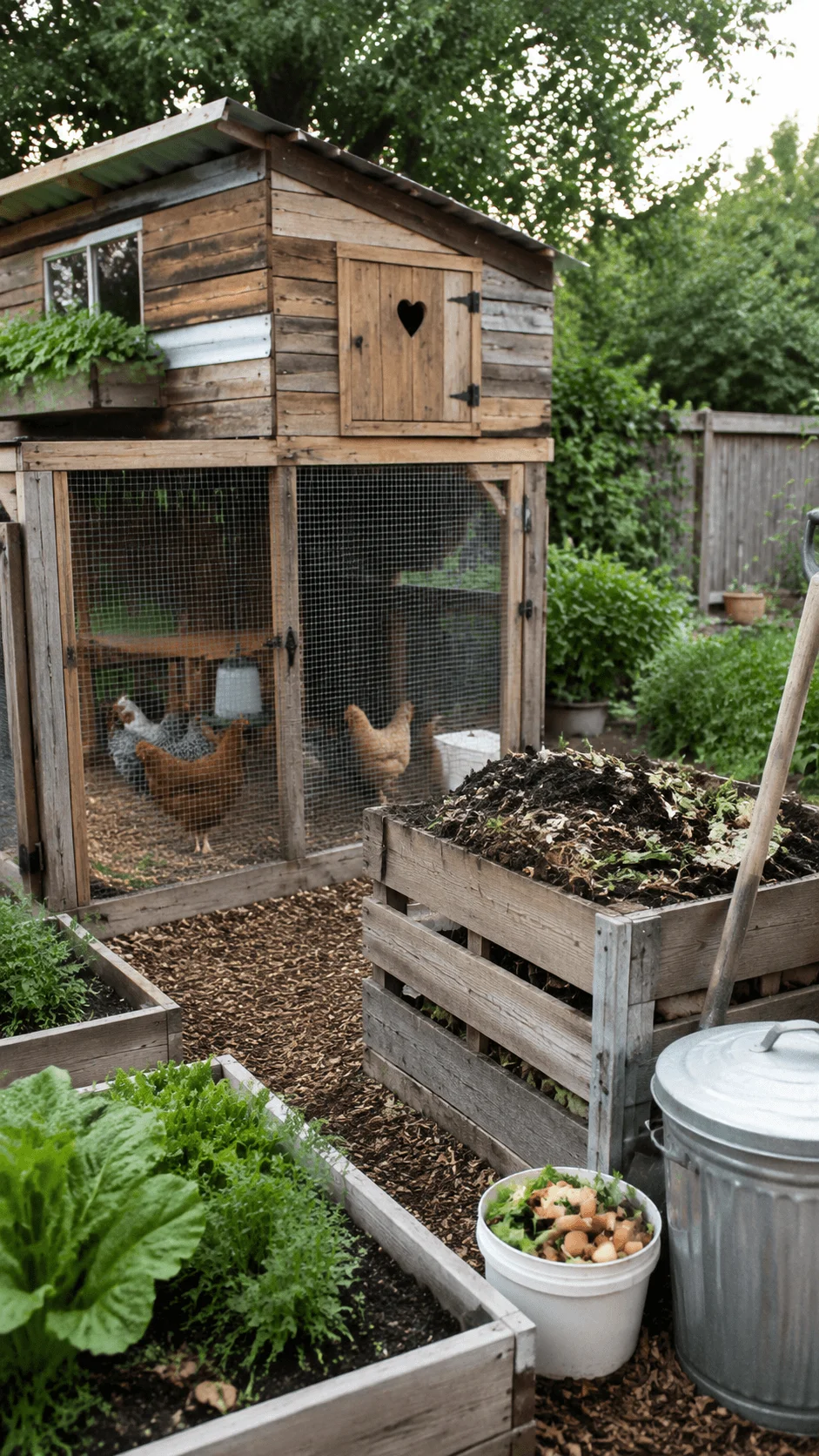 Sustainable chicken coop design using recycled materials with wooden coop structure chickens compost area and raised vegetable garden in an eco friendly backyard setting