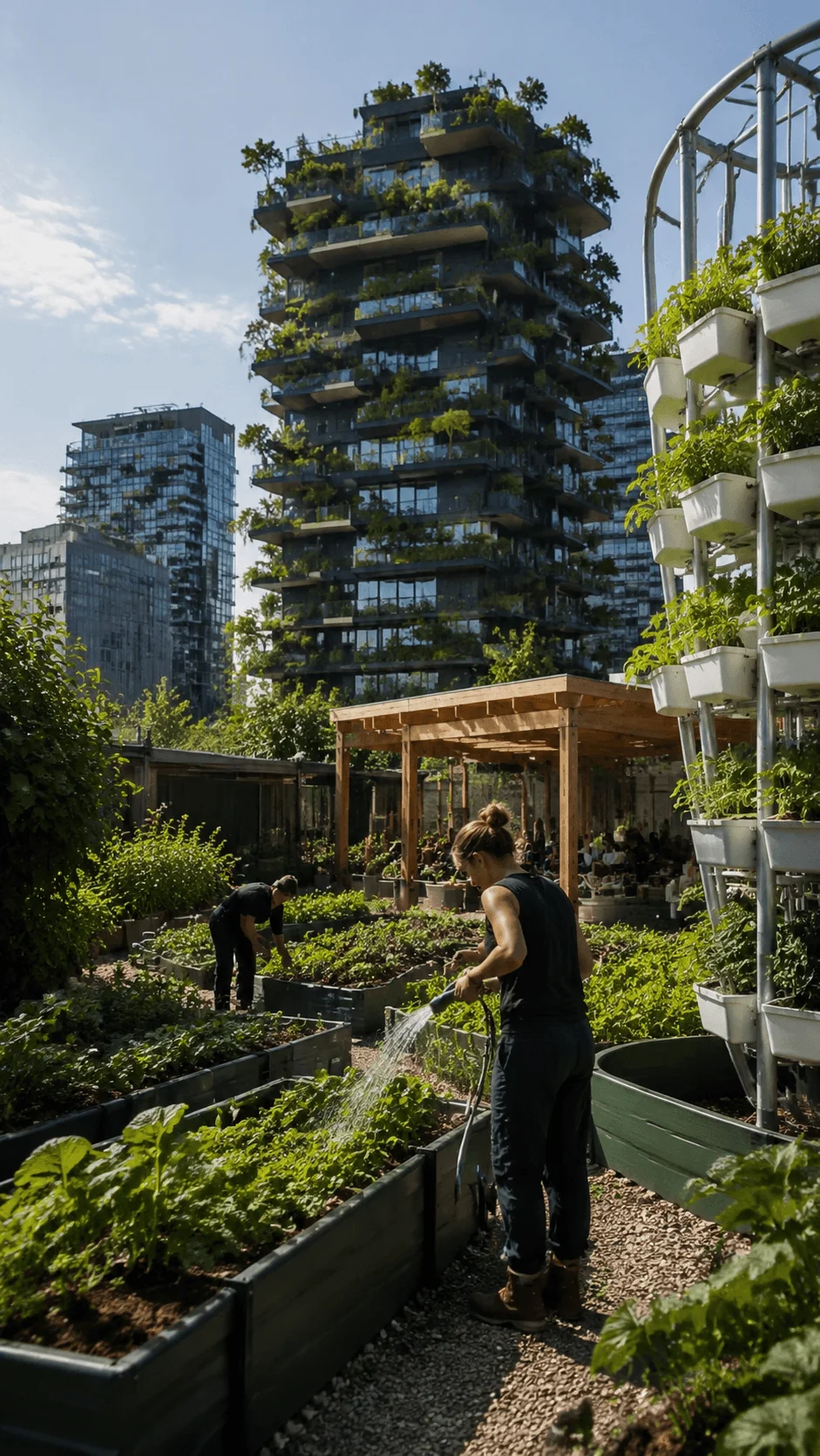 Sustainable community food system featuring urban farming gardens green buildings vertical agriculture and people growing fresh produce together