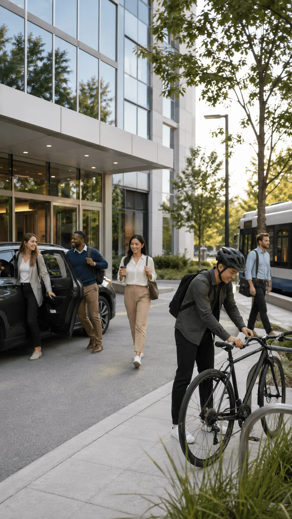 Employees testing sustainable commuting options by cycling using public transport carpooling and walking to a modern office during a workplace commute challenge
