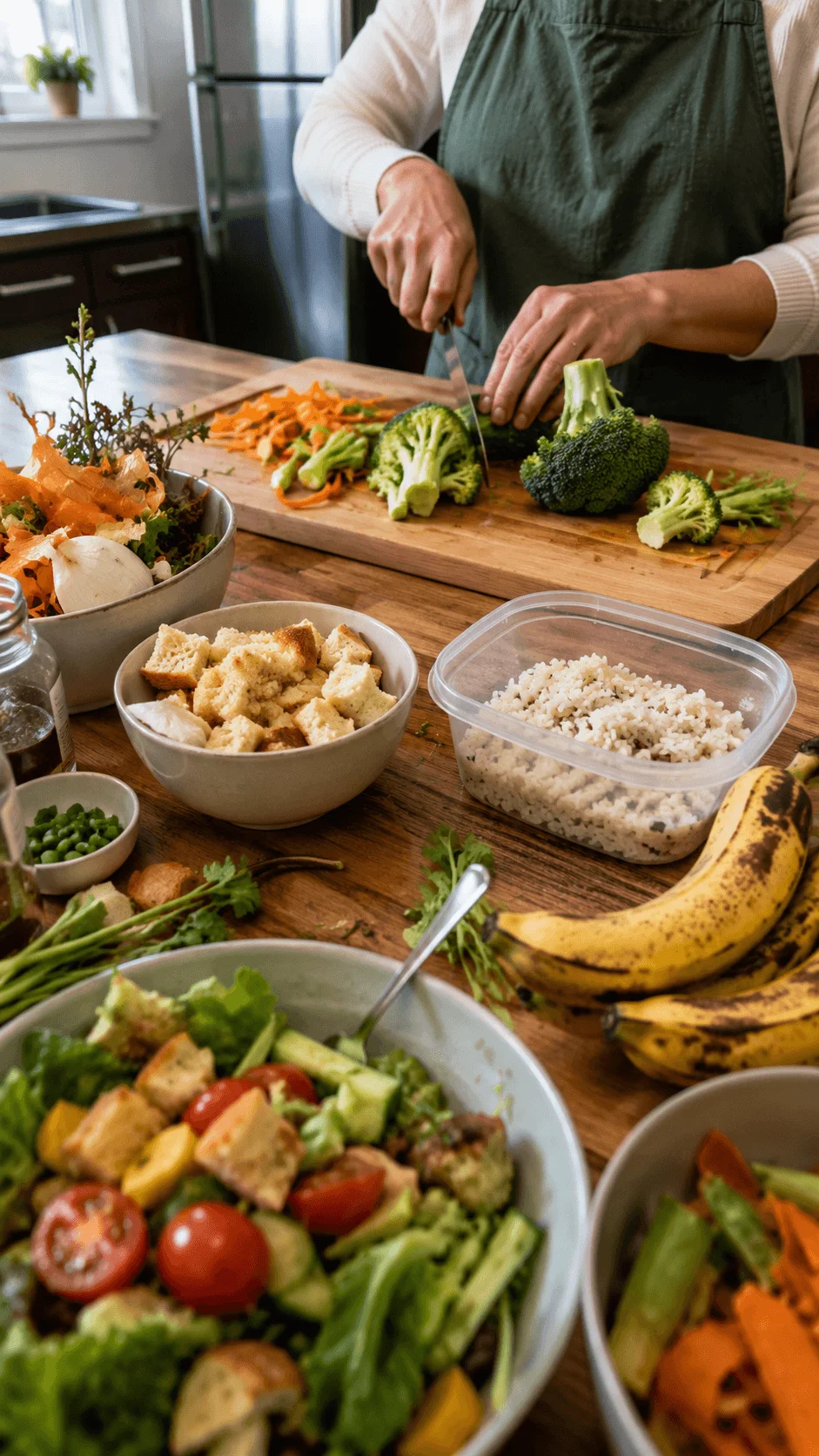Person preparing a sustainable meal using broccoli stalks leftover rice stale bread overripe bananas and vegetable scraps