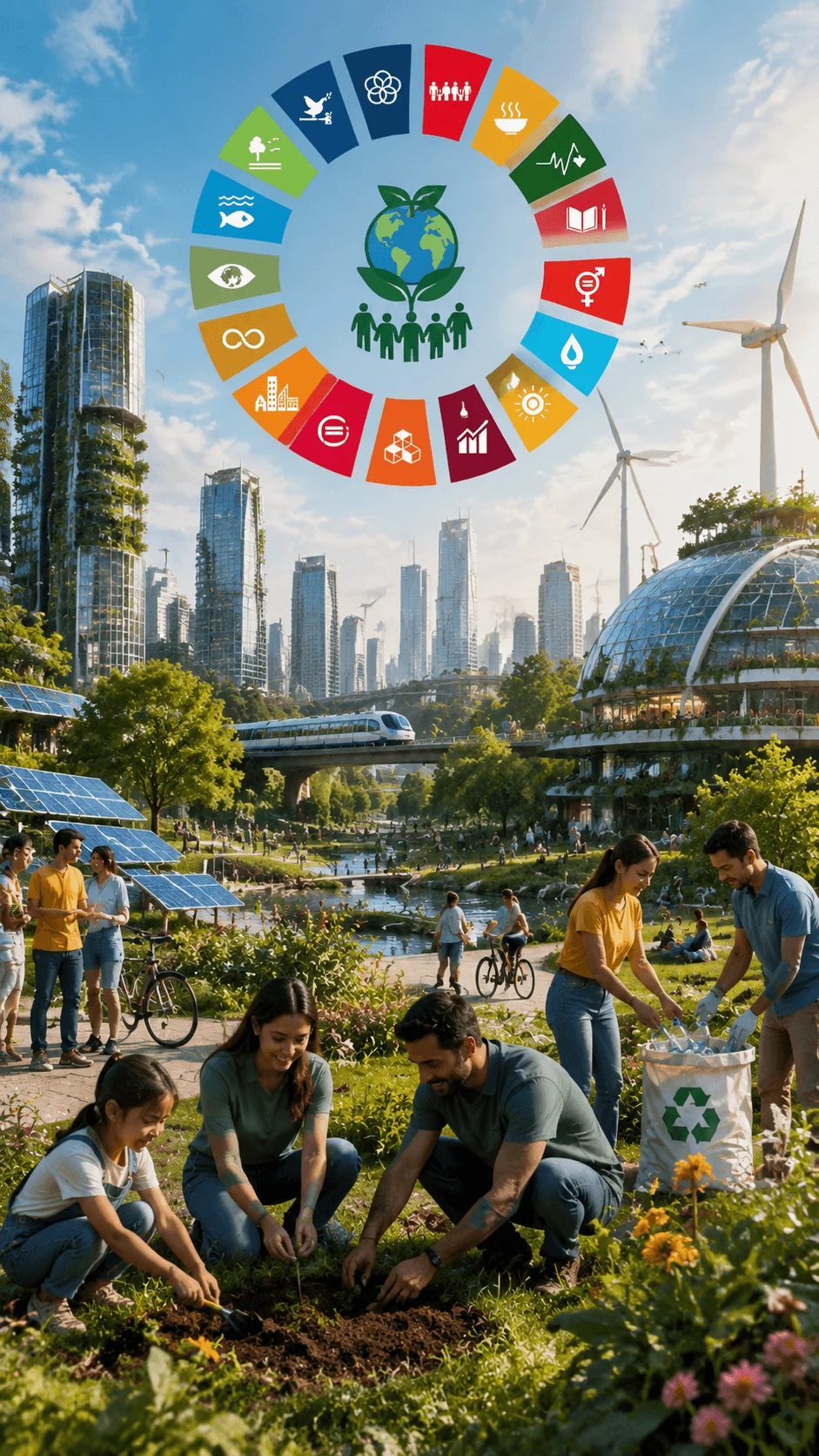 Sustainable development goals future vision poster showing a green futuristic city with SDG icons, renewable energy, solar panels, wind turbines, eco friendly buildings, community planting trees, recycling, and people working together for a sustainable future