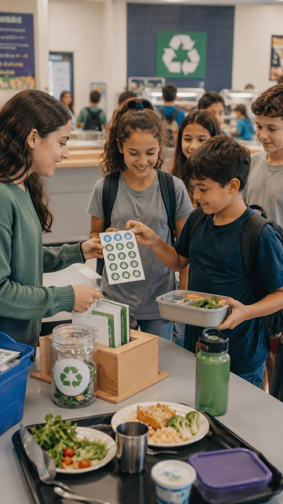 Students earning sustainability rewards for using reusable lunch containers and reducing cafeteria waste