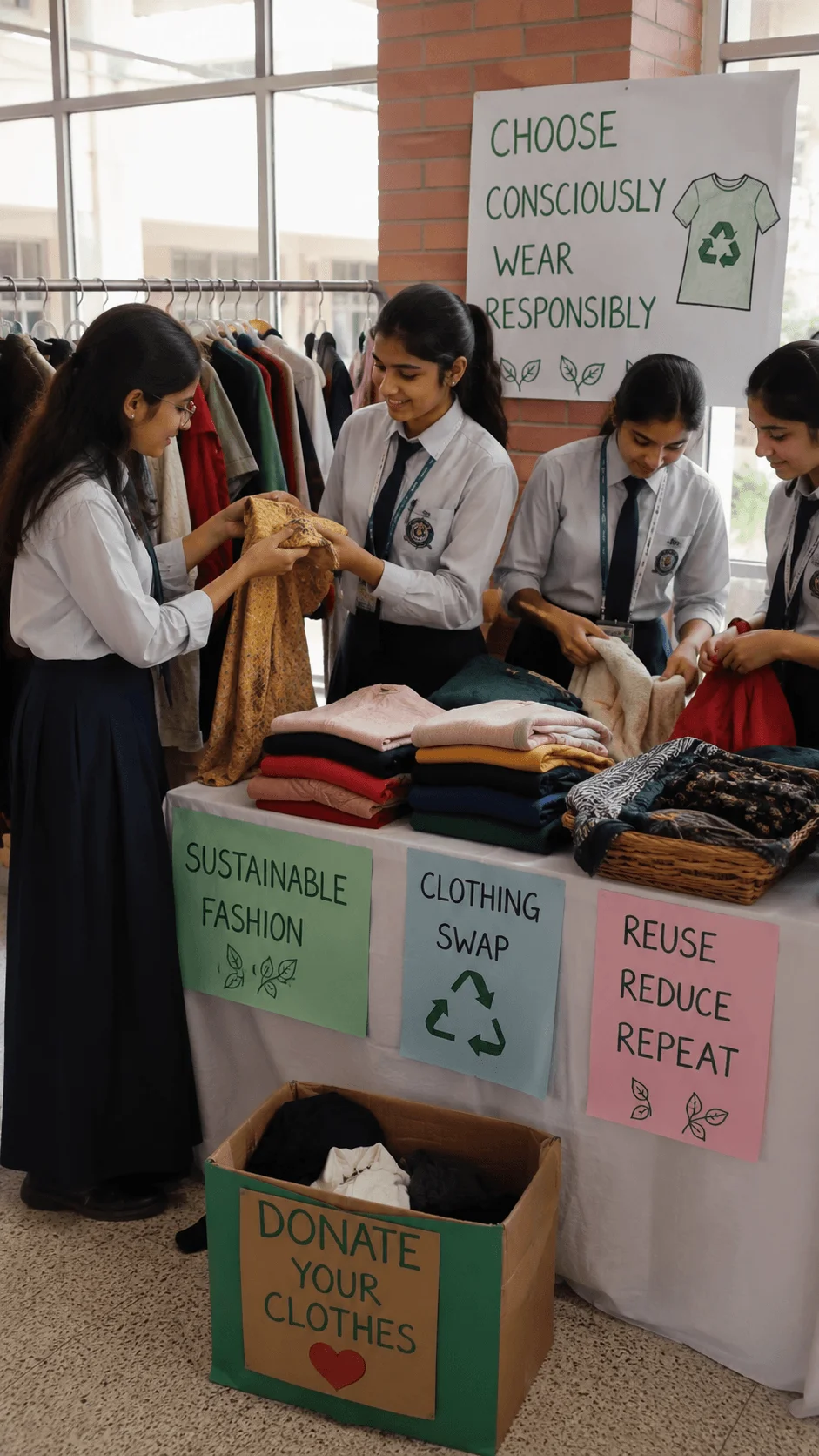 High school students participating in a sustainable fashion clothing swap and donation program that promotes clothing reuse, responsible consumption, and reduced textile waste