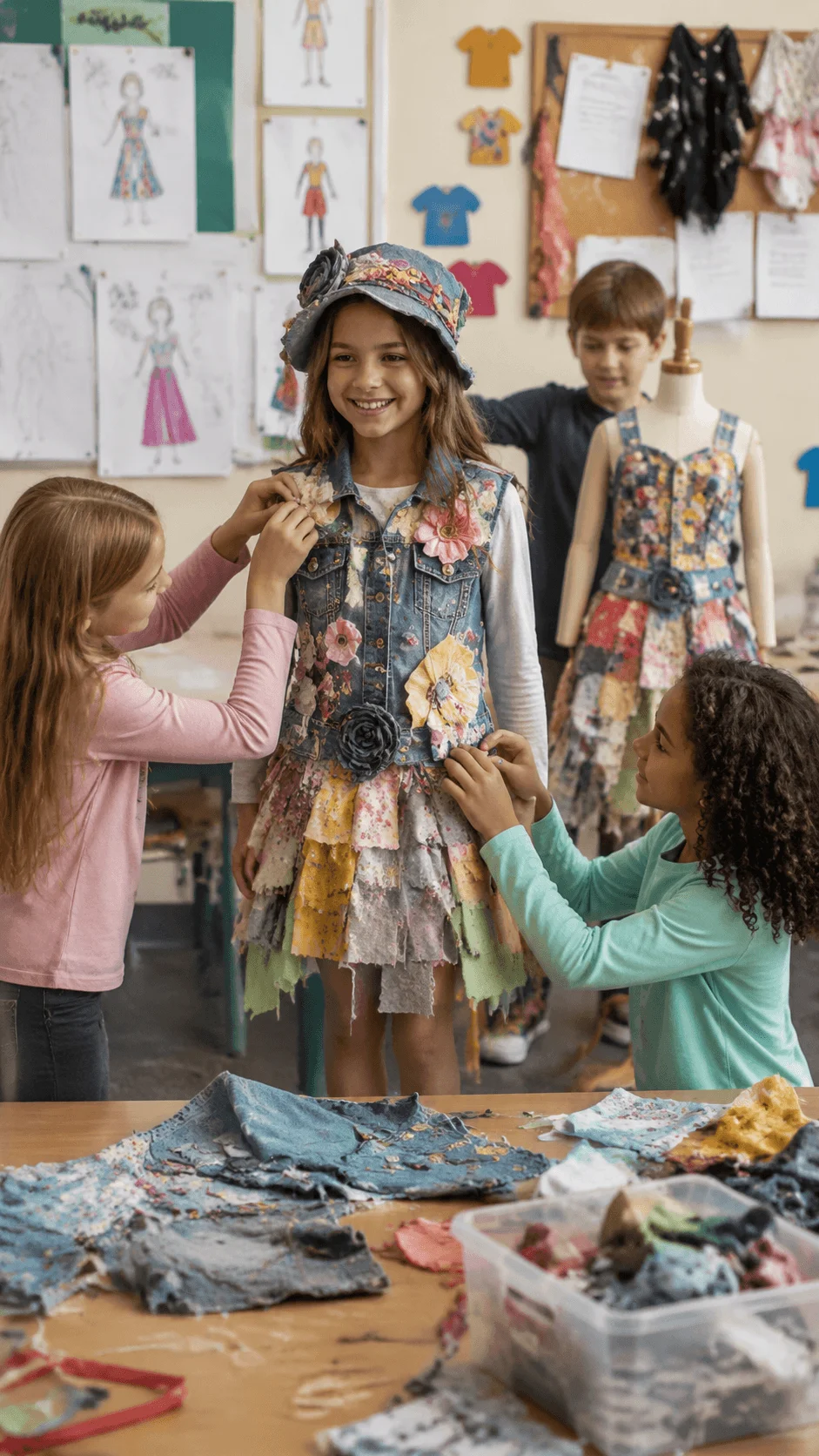 Children participating in a sustainable fashion design challenge creating recycled clothing designs with fabric scraps and creative eco friendly materials in a classroom workshop