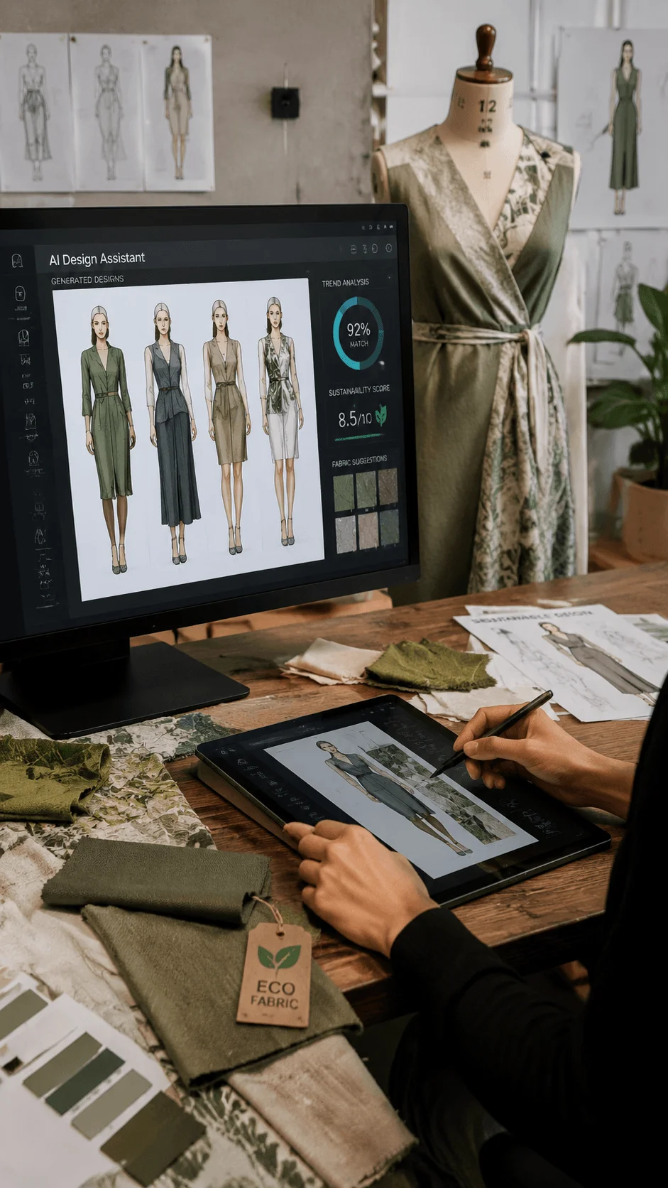 AI powered sustainable fashion design workspace showing a designer using digital tools to create eco friendly clothing concepts with fabric samples, virtual garment sketches, and green fashion technology elements