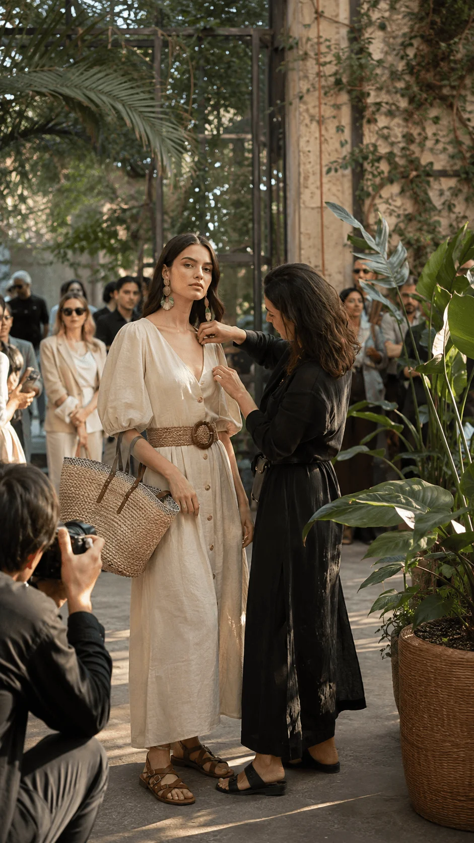 Sustainable fashion editorial event featuring a model in an eco friendly outfit with natural styling, photographers capturing the scene, and greenery filled outdoor surroundings