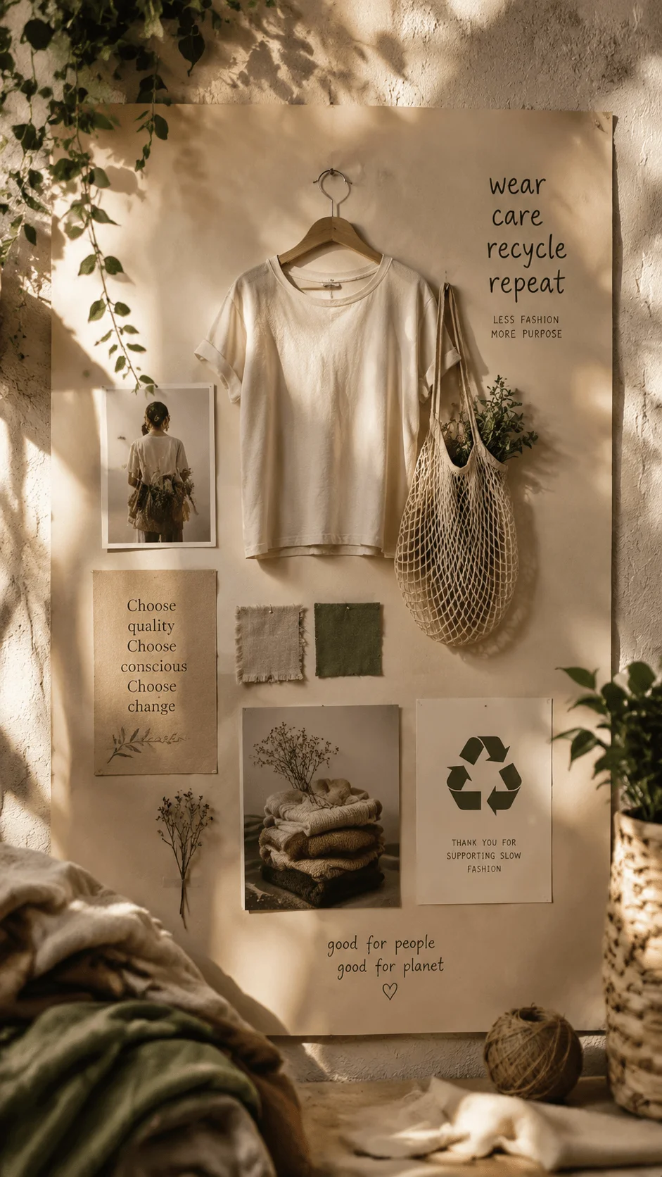 Sustainable fashion lifestyle poster featuring a minimalist clothing display with organic fabric textures reusable bags recycled fashion symbols and eco conscious messages promoting ethical clothing choices and slow fashion