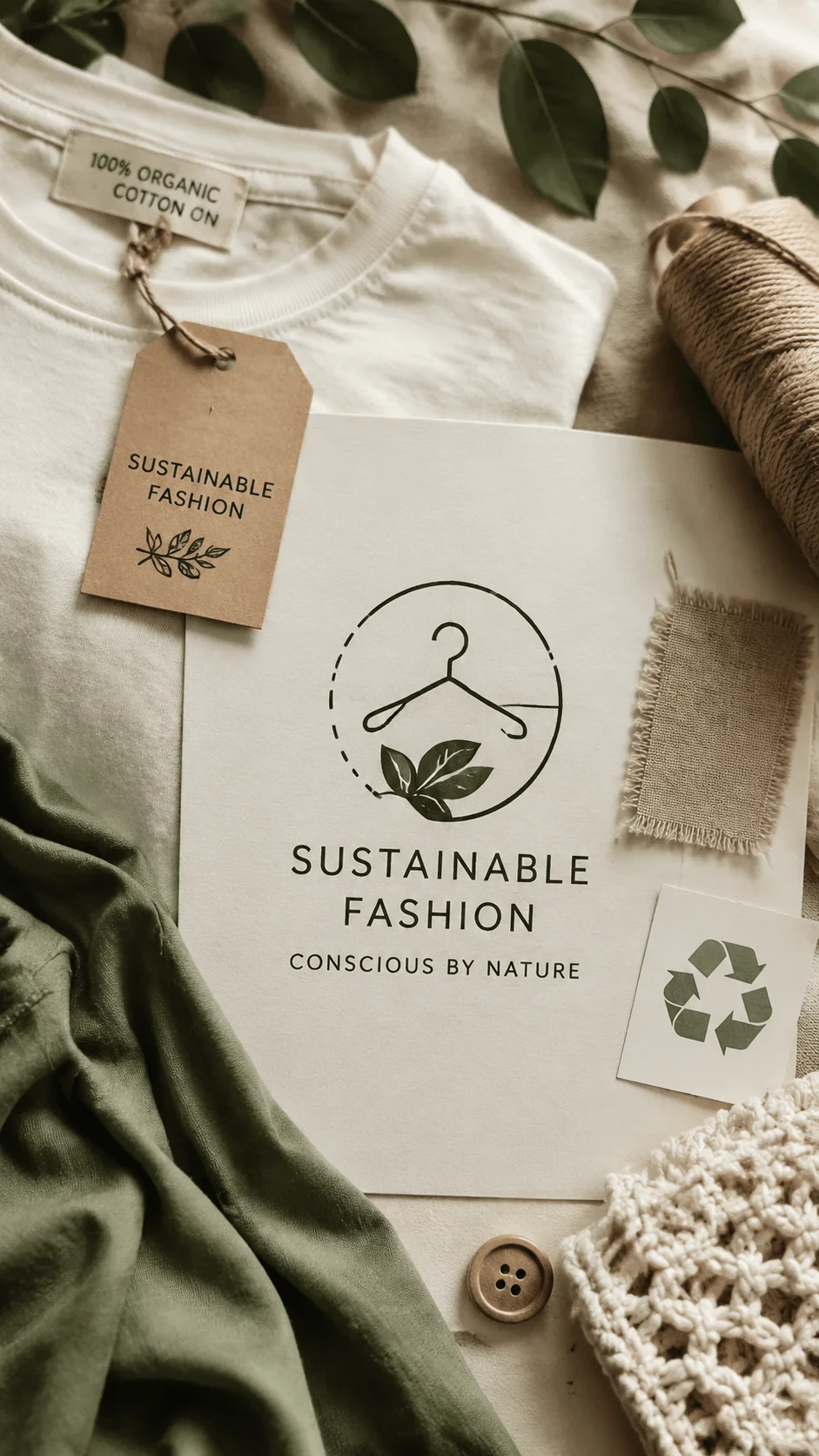 Sustainable fashion logo design ideas featuring eco friendly clothing branding, organic cotton fabric, leaf symbols, recycling icons and minimalist natural design elements for ethical fashion brands