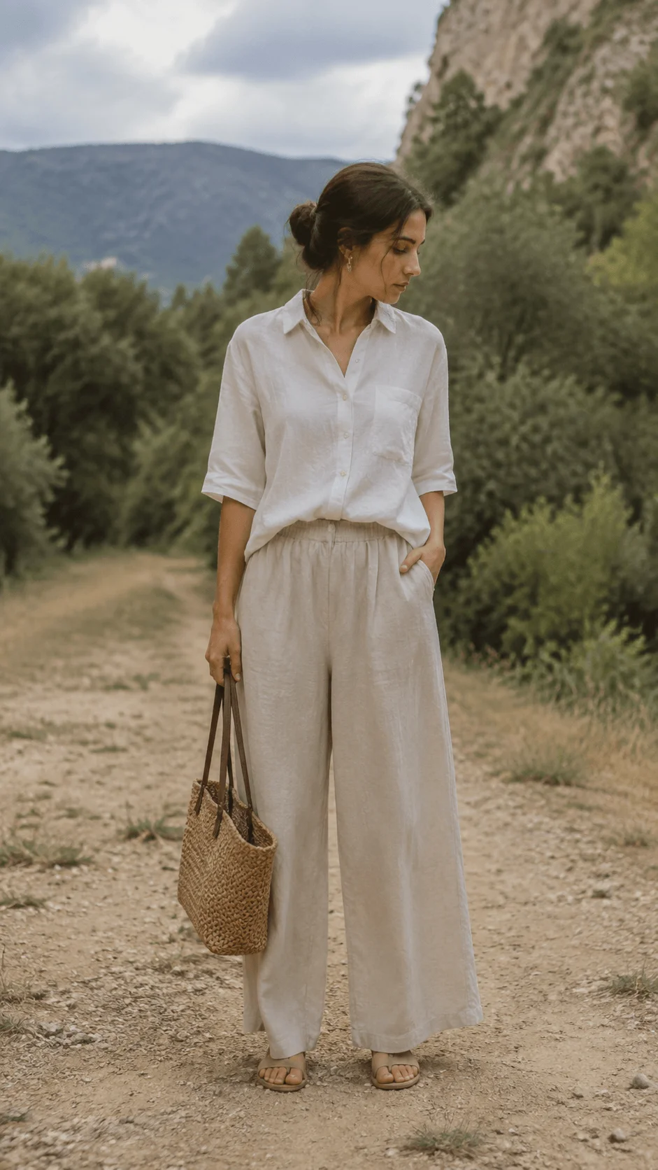 Sustainable fashion photography featuring a person wearing natural fabric clothing with a woven bag, outdoor landscape, earthy tones, and a minimalist eco friendly style connected with conscious living.