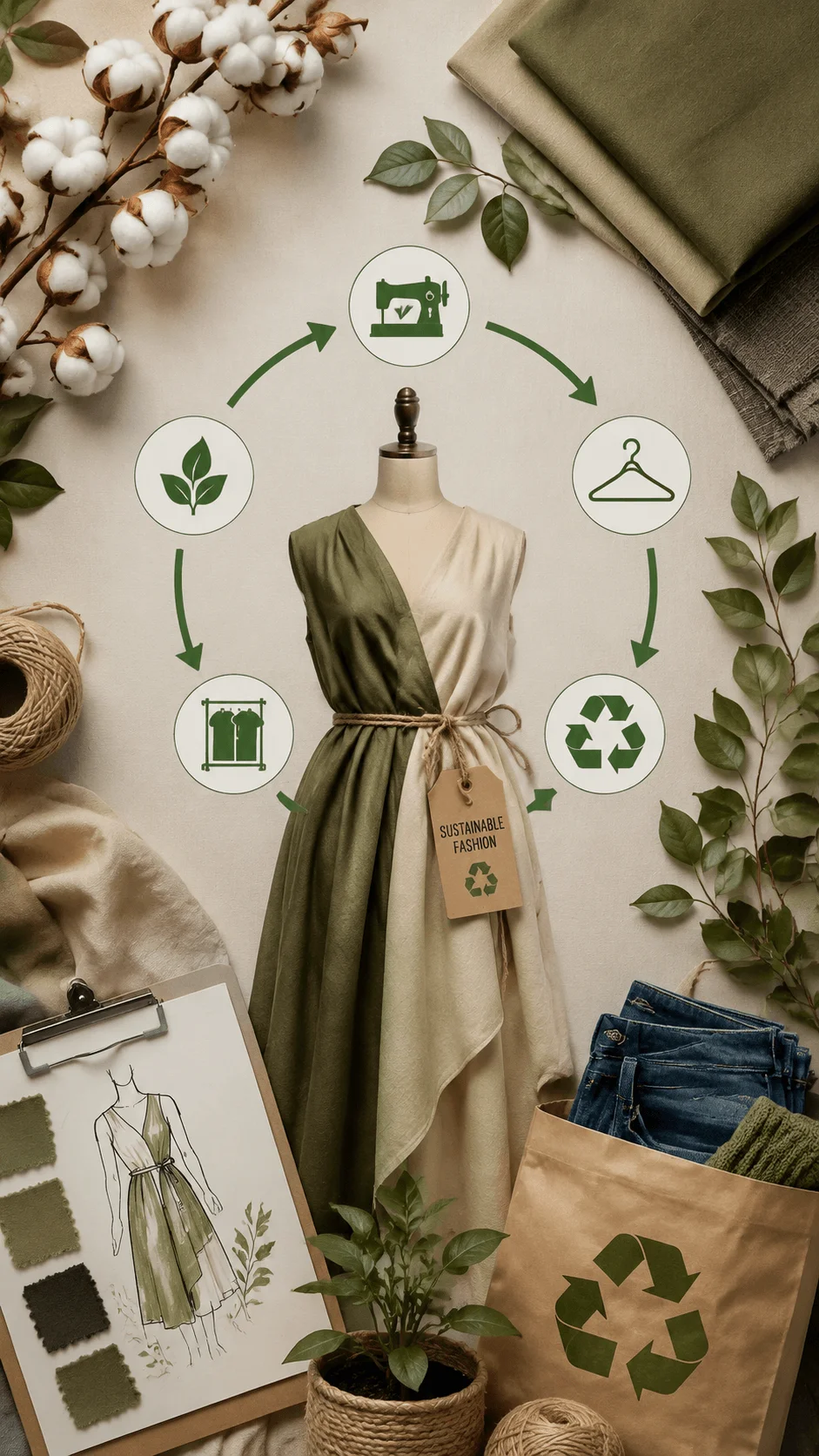 Sustainable fashion poster showing an eco friendly clothing design with organic fabrics, cotton plants, recycling symbols, circular fashion cycle, reusable materials, and ethical fashion concepts promoting environmentally responsible clothing choices