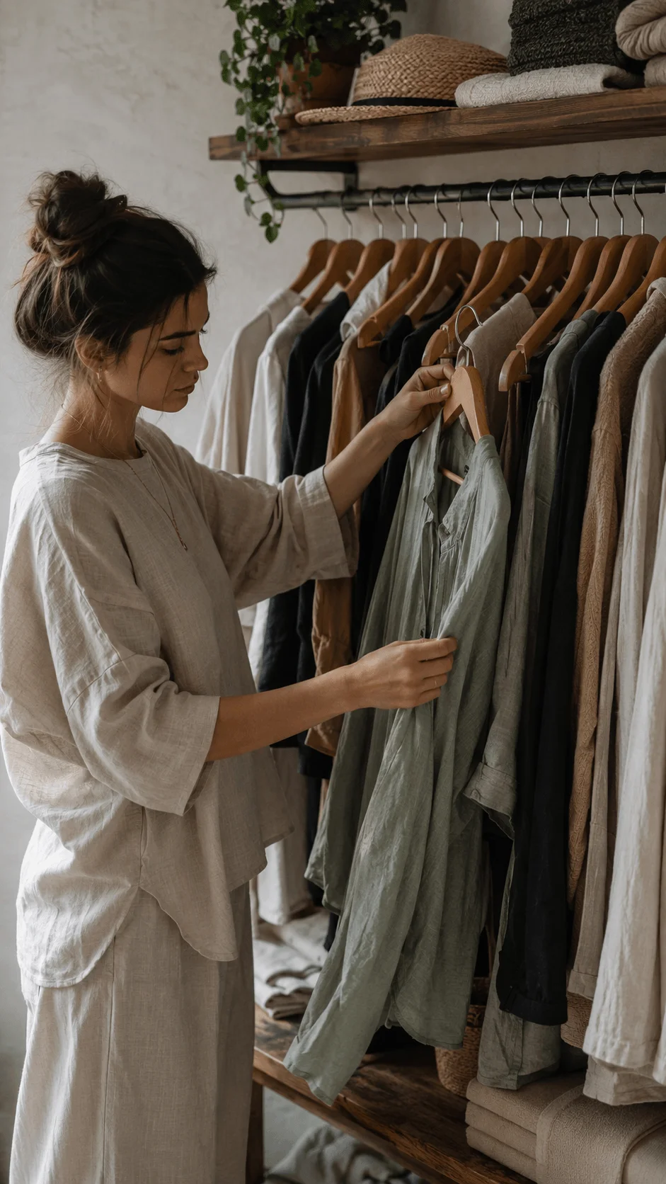 Sustainable fashion scene with person choosing eco friendly clothing in a minimalist wardrobe with natural fabrics and conscious style aesthetic