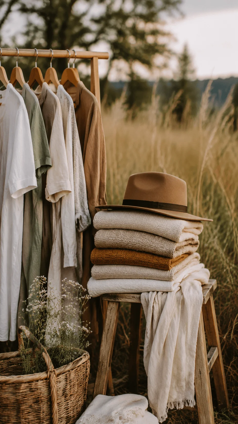 Sustainable fashion styling with eco friendly clothing, natural fabrics, neutral tones, woven basket, and reusable wardrobe pieces arranged in a peaceful outdoor setting